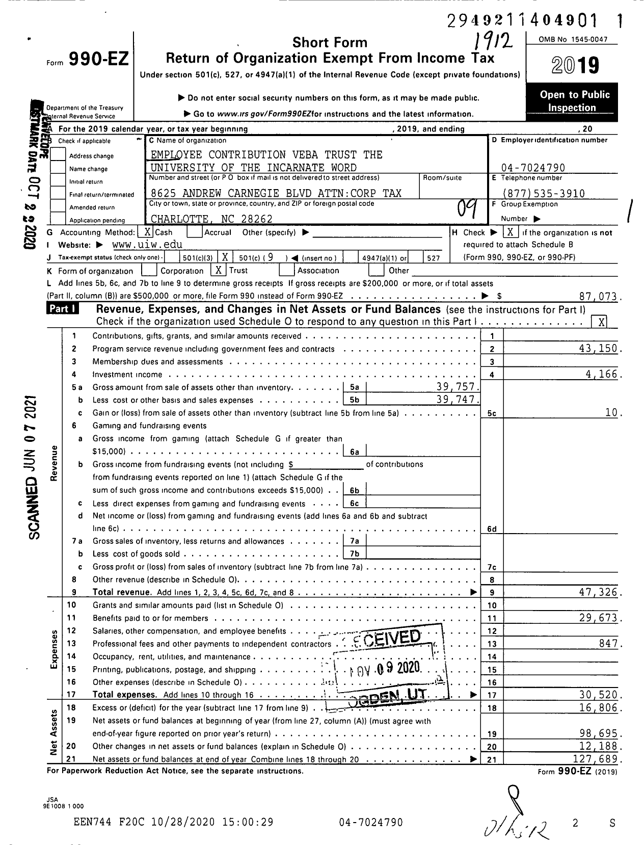 Image of first page of 2019 Form 990EO for Employee After-Tax Contribution Veba Trust
