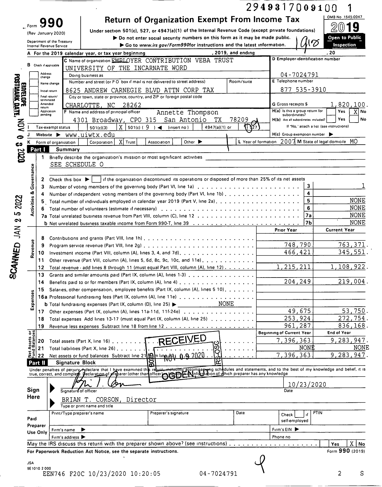 Image of first page of 2019 Form 990O for Employer Contribution Veba Trust for the