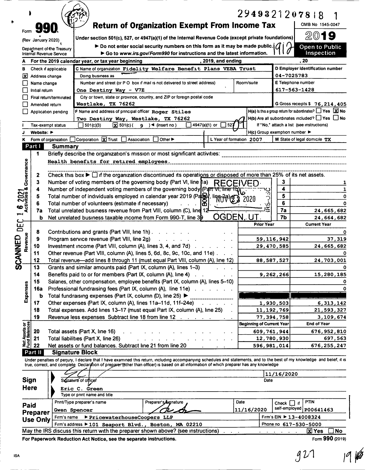 Image of first page of 2019 Form 990O for Fidelity Welfare Benefit Plans VEBA Trust