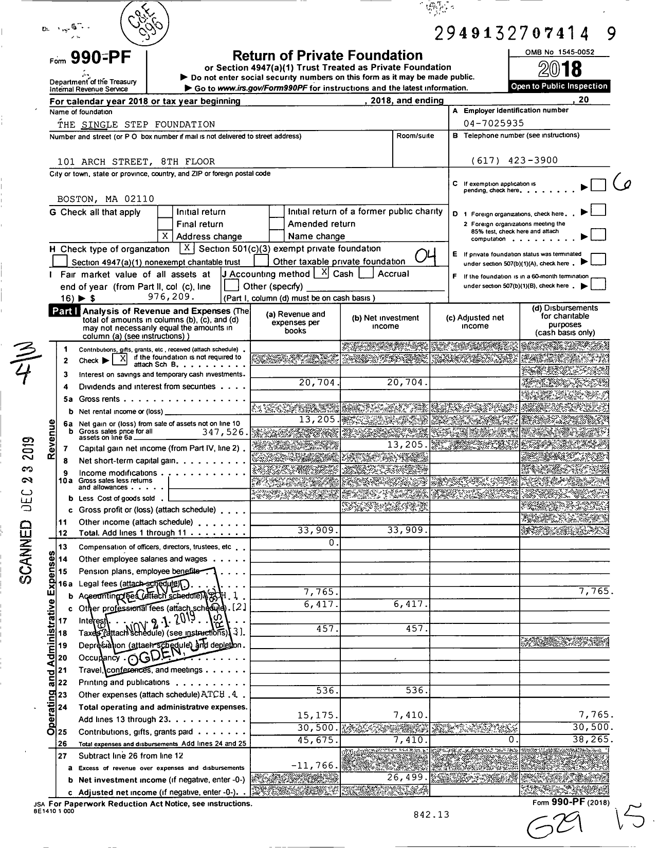 Image of first page of 2018 Form 990PF for The Single Step Foundation