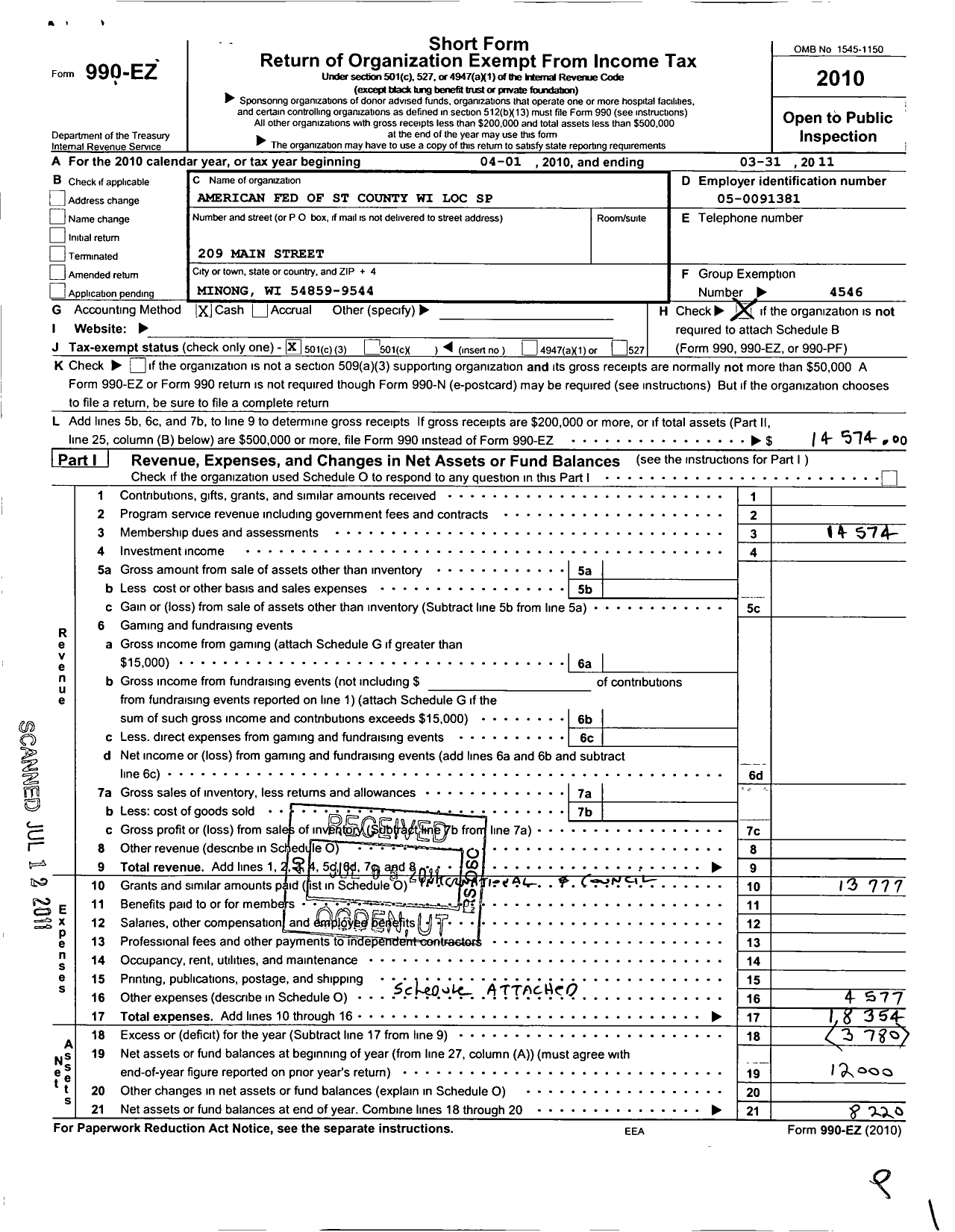 Image of first page of 2010 Form 990EZ for American Federation of State County and Municipal Employees / 2425 Wi Loc Spooner Health Sys Emps