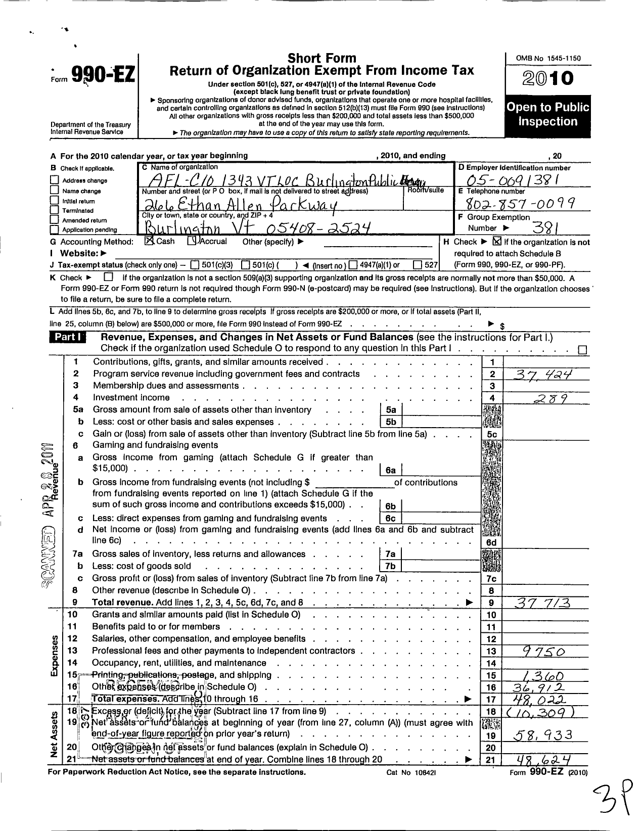 Image of first page of 2010 Form 990EO for American Federation of State County and Municipal Employees / 2425 Wi Loc Spooner Health Sys Emps