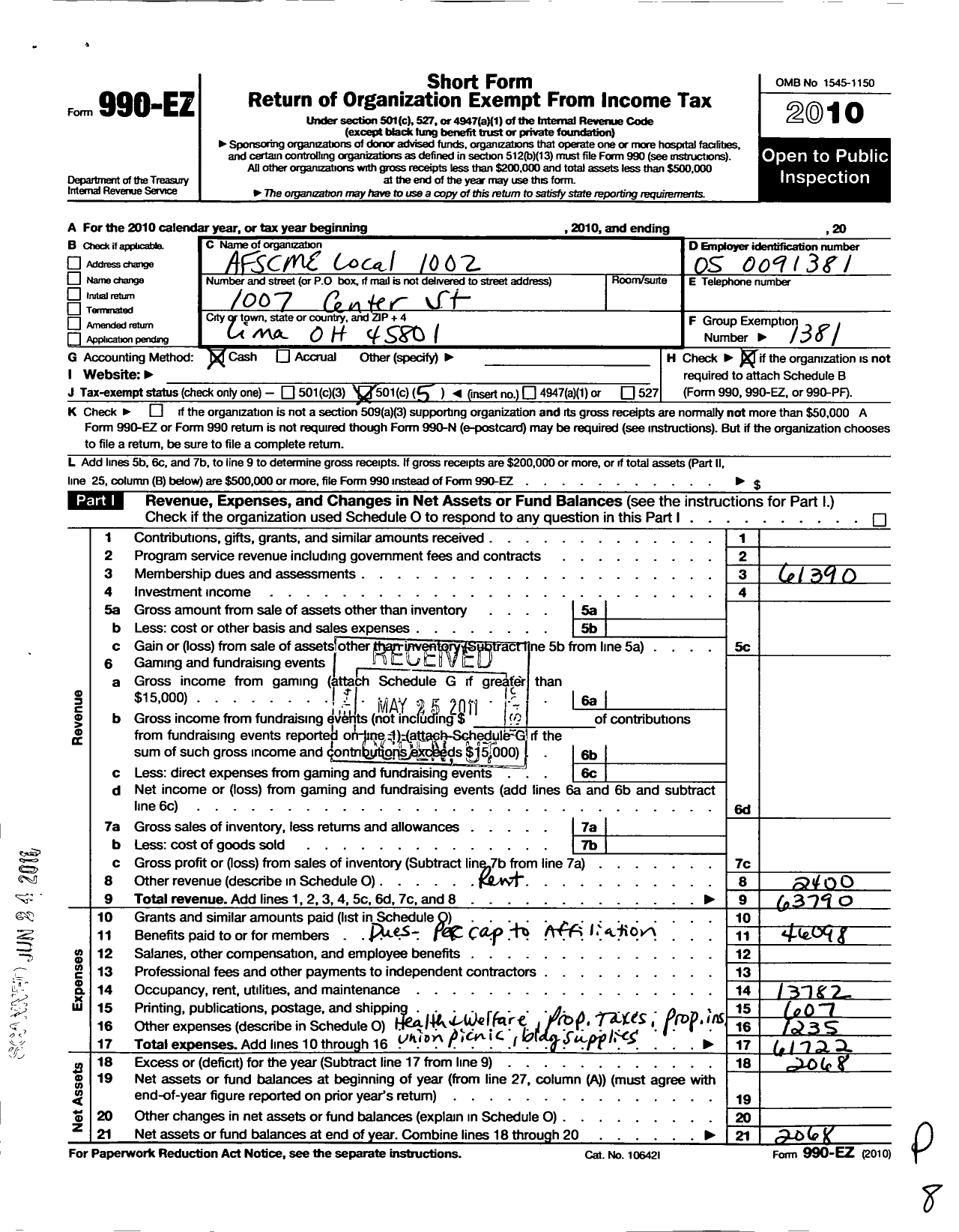 Image of first page of 2010 Form 990EO for American Federation of State County and Municipal Employees / 2425 Wi Loc Spooner Health Sys Emps