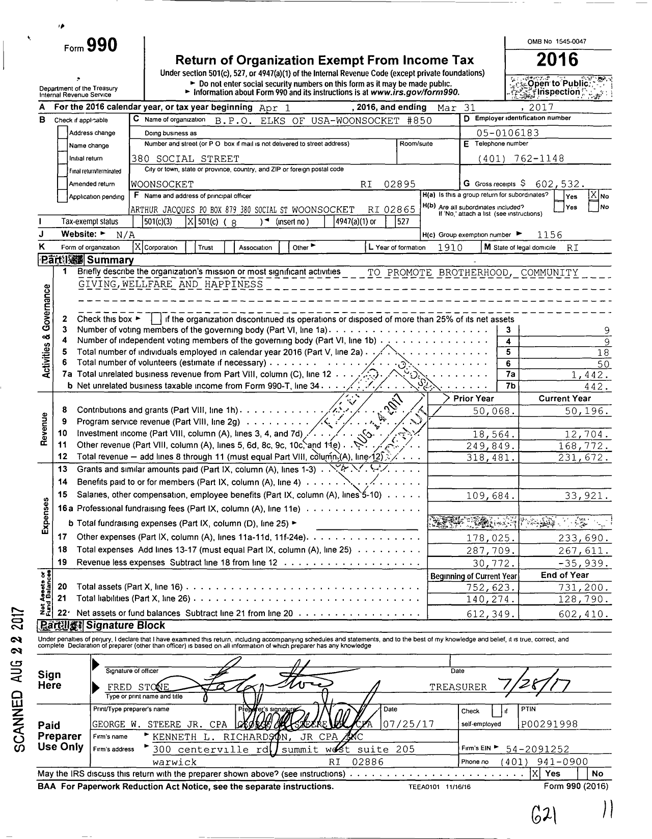 Image of first page of 2016 Form 990O for Benevolent and Protective Order of Elks - 850 Woonsocket