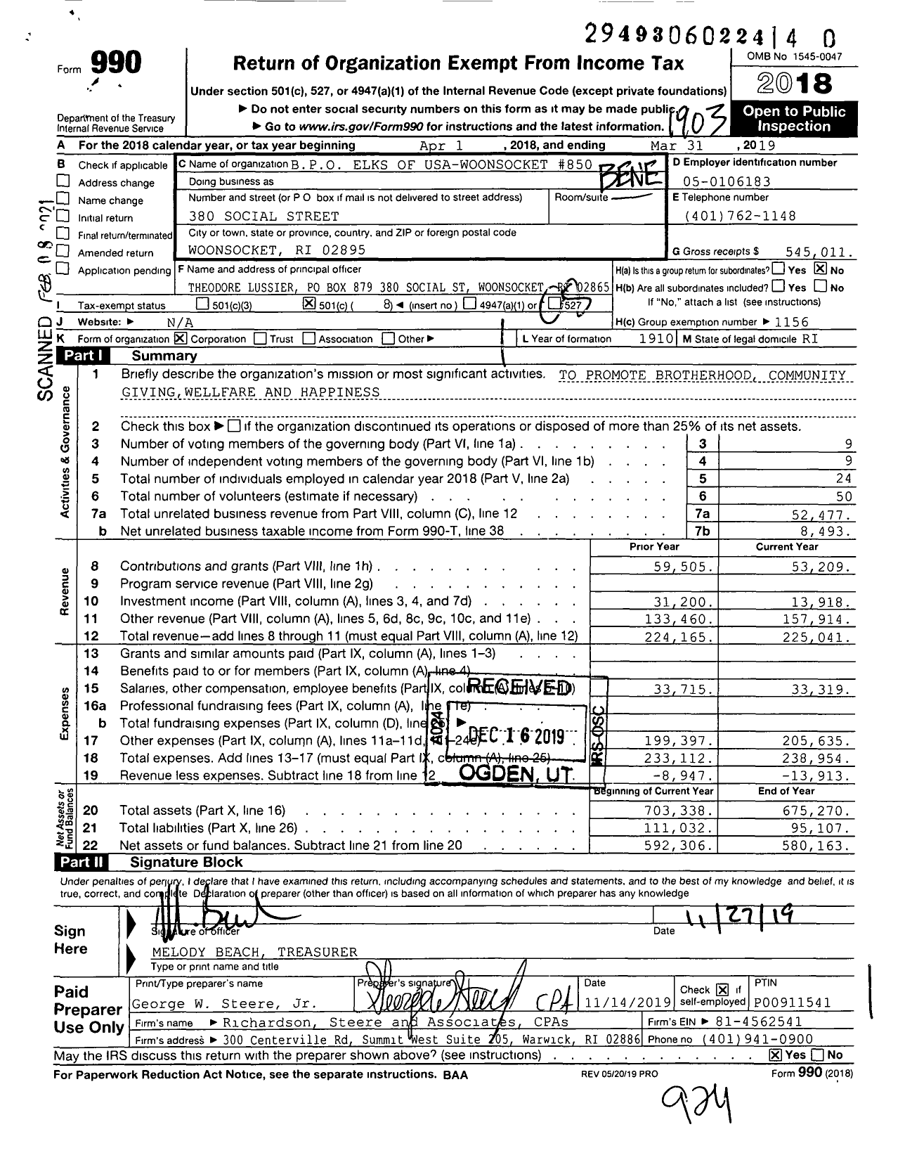 Image of first page of 2018 Form 990O for Benevolent and Protective Order of Elks - 850 Woonsocket