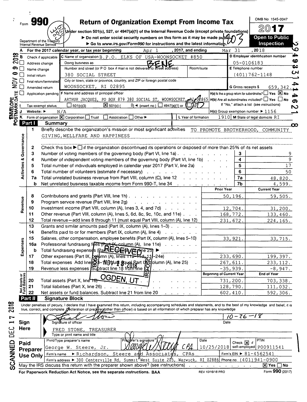 Image of first page of 2017 Form 990O for Benevolent and Protective Order of Elks - 850 Woonsocket