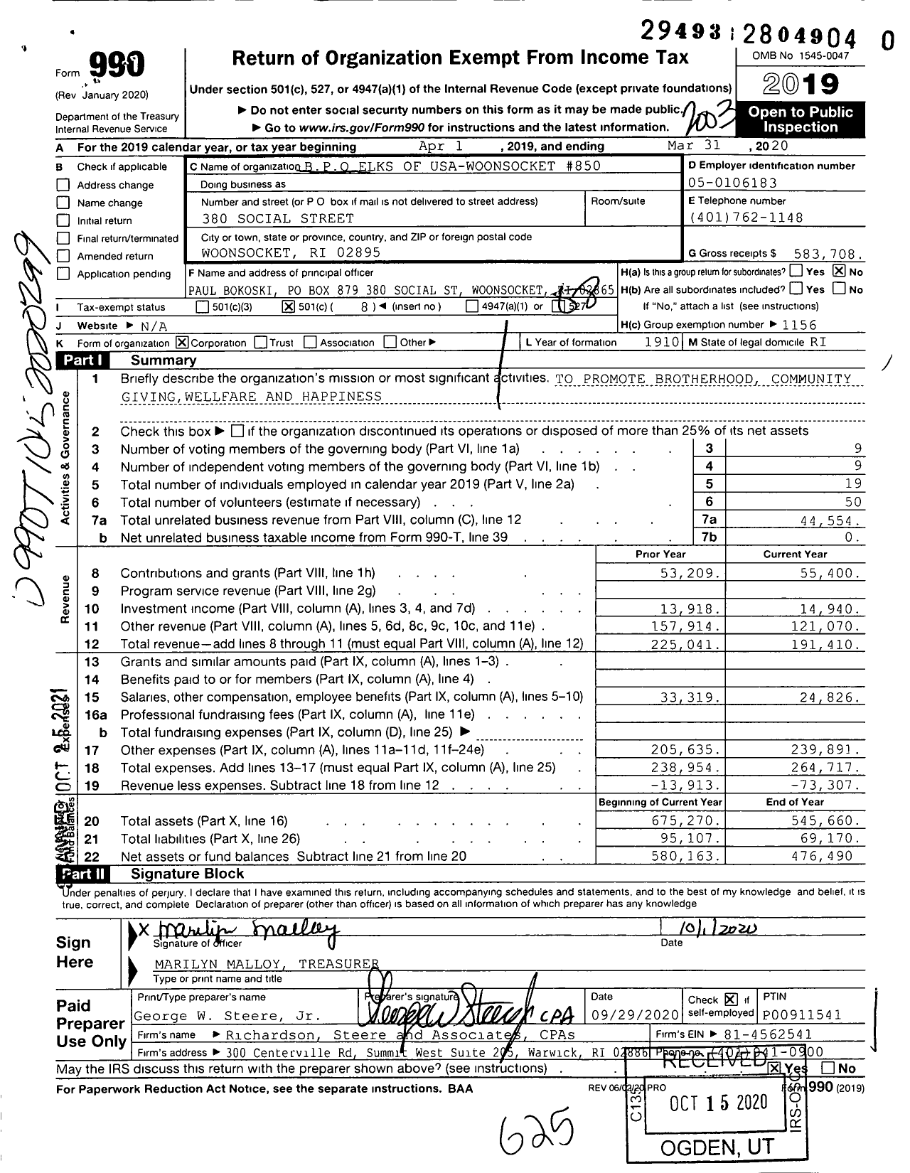 Image of first page of 2019 Form 990O for Benevolent and Protective Order of Elks - 850 Woonsocket