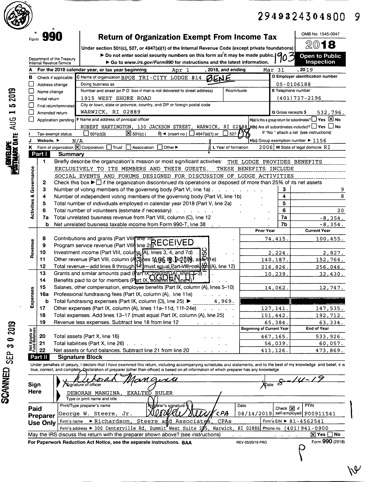 Image of first page of 2018 Form 990O for Benevolent and Protective Order of Elks - 14 Tri-City