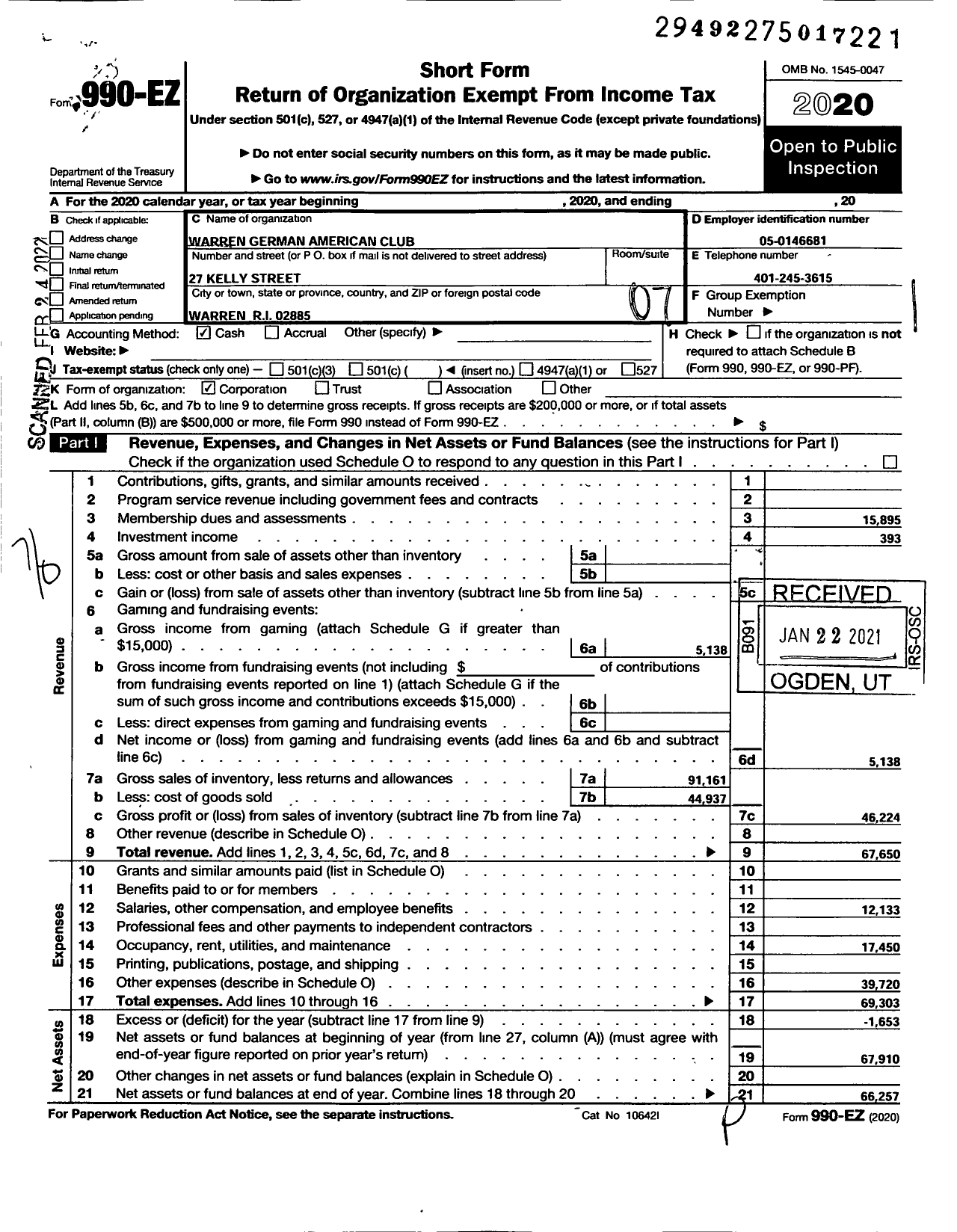 Image of first page of 2020 Form 990EO for Warren German American Club