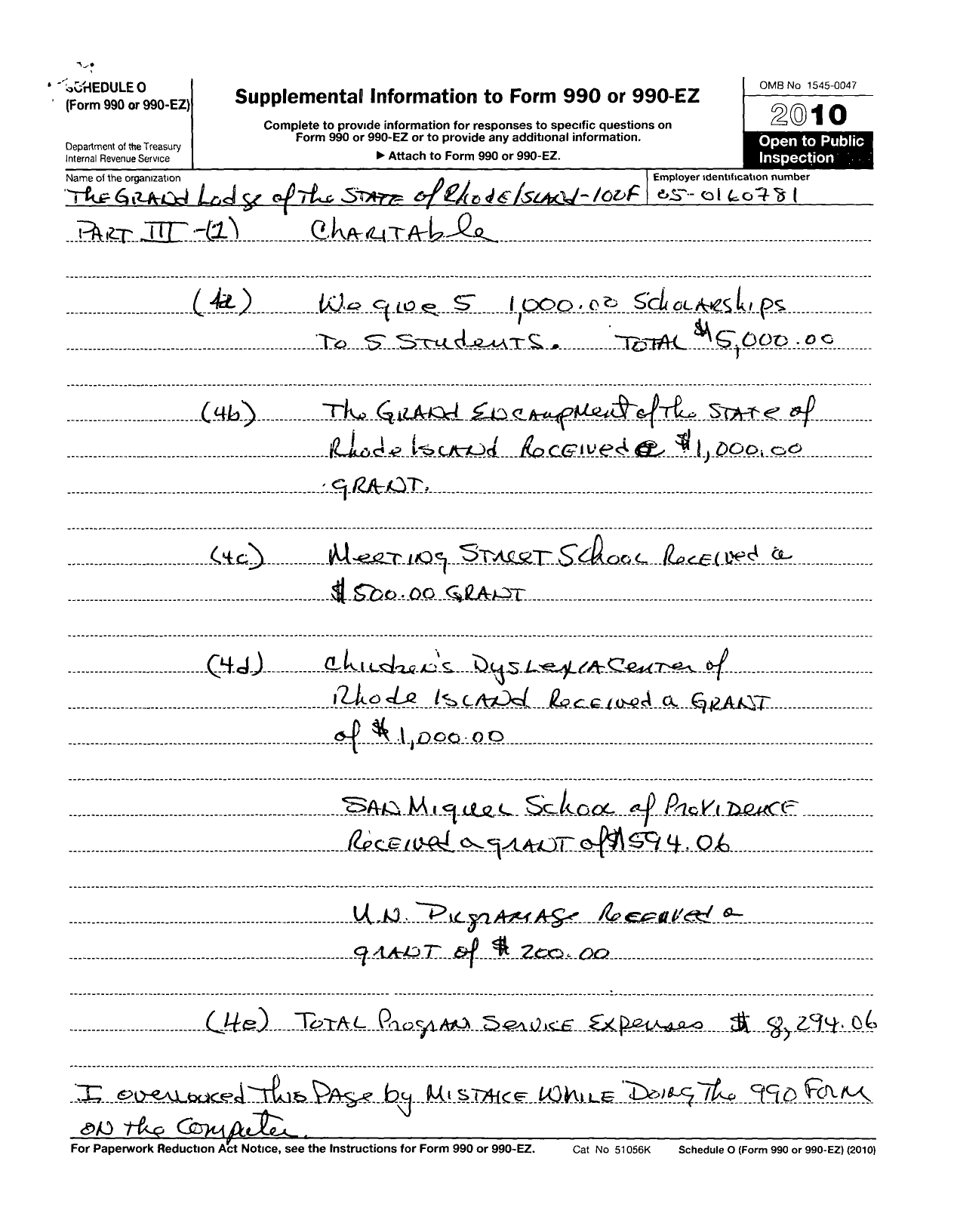 Image of first page of 2010 Form 990OR for Independent Order of Odd Fellows - Rhode Island Grand Lodge