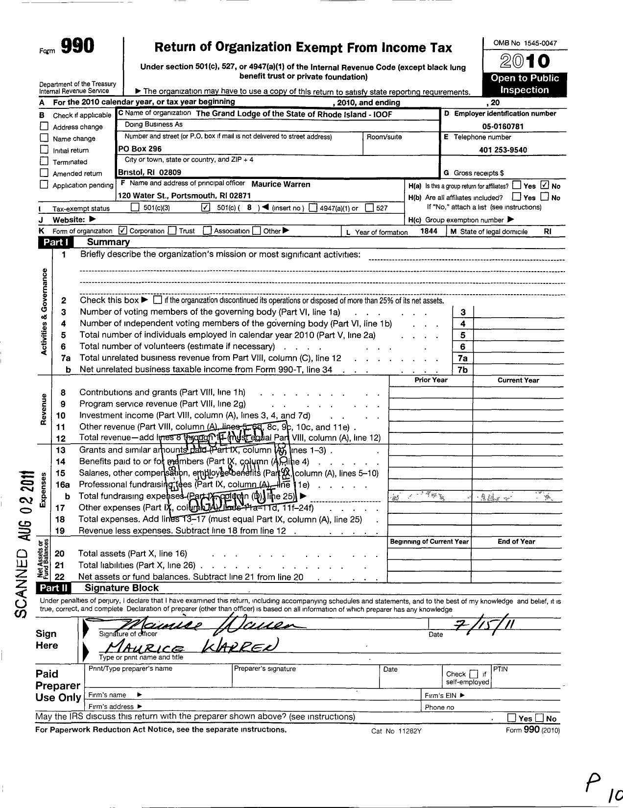 Image of first page of 2010 Form 990O for Independent Order of Odd Fellows - Rhode Island Grand Lodge