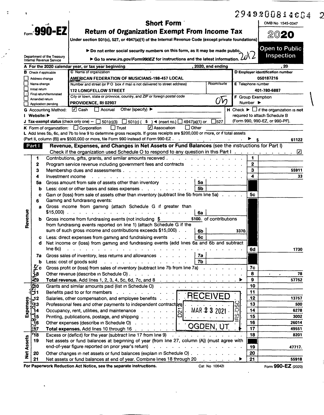 Image of first page of 2020 Form 990EO for American Federation of Musicians - 198-457 Local Providence