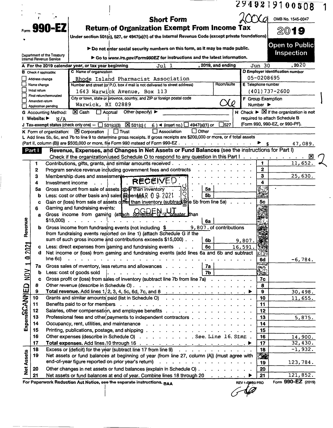 Image of first page of 2019 Form 990EO for Rhode Island Pharmaceutical Association