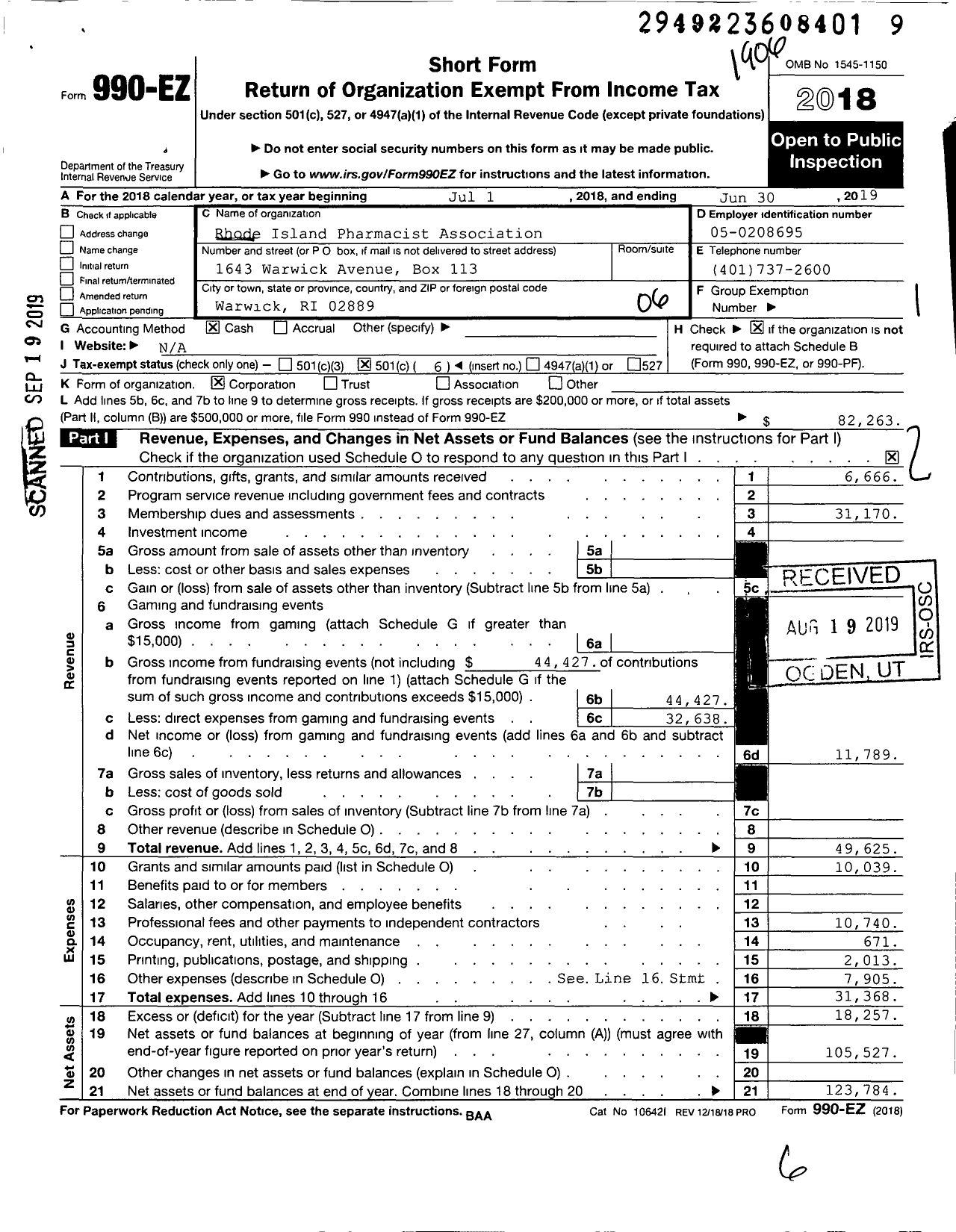 Image of first page of 2018 Form 990EO for Rhode Island Pharmaceutical Association