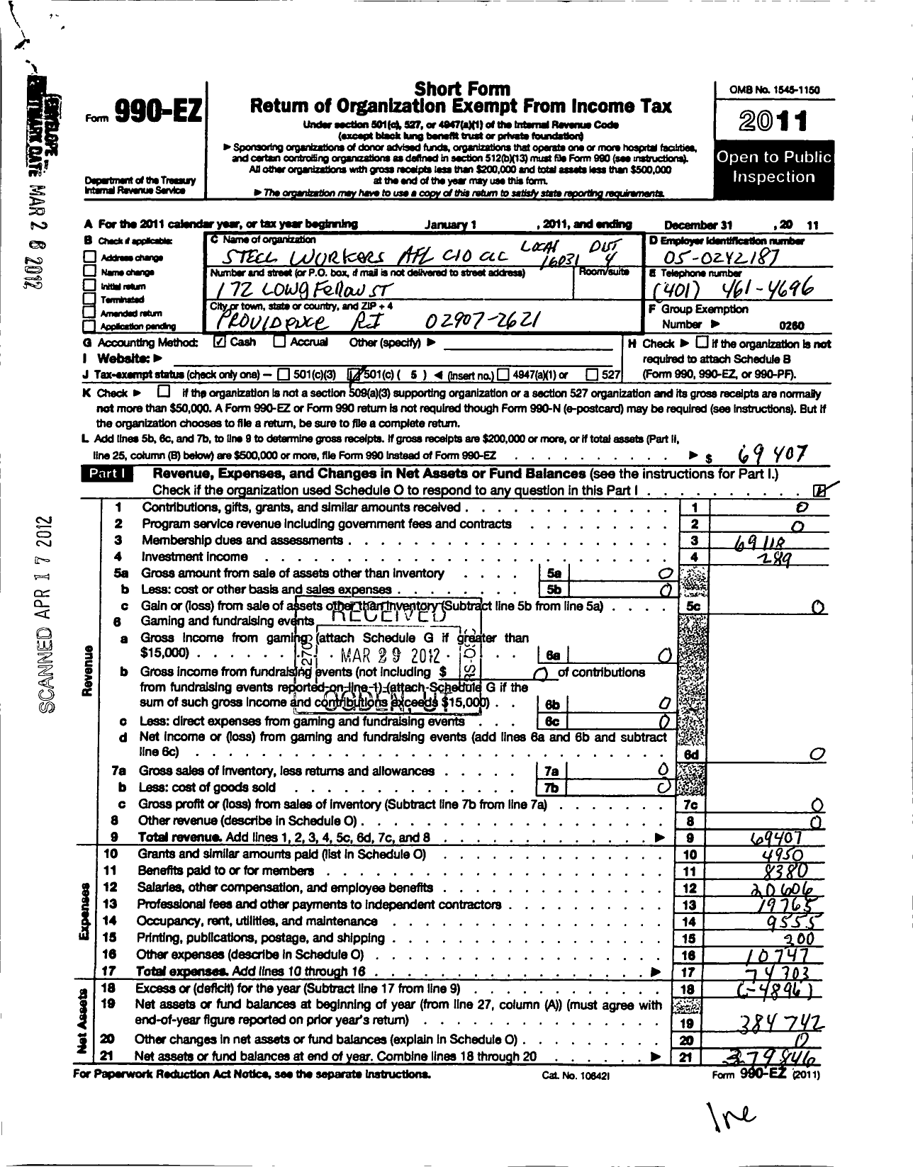 Image of first page of 2011 Form 990EO for United Steelworkers - 16031 Local District 4