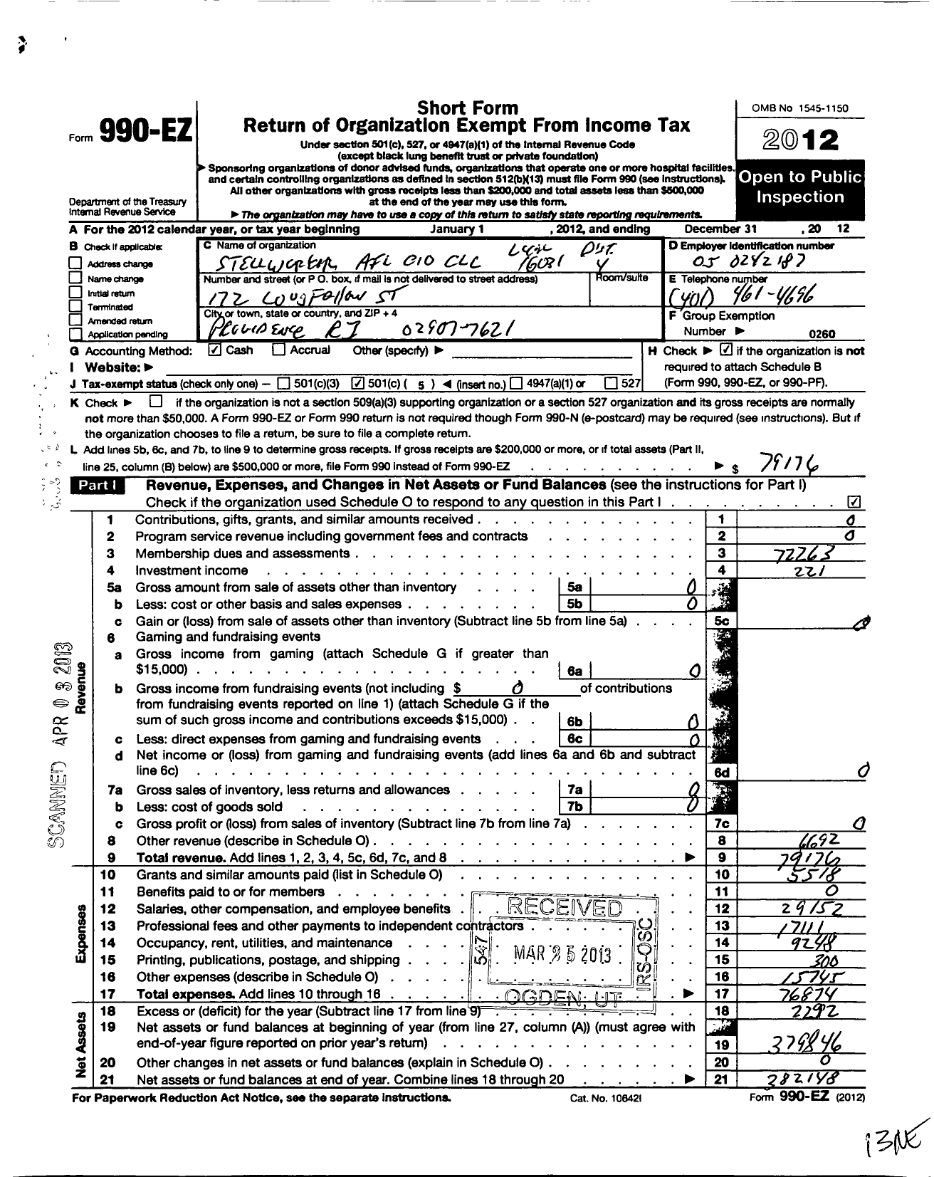 Image of first page of 2012 Form 990EO for United Steelworkers - 16031 Local District 4