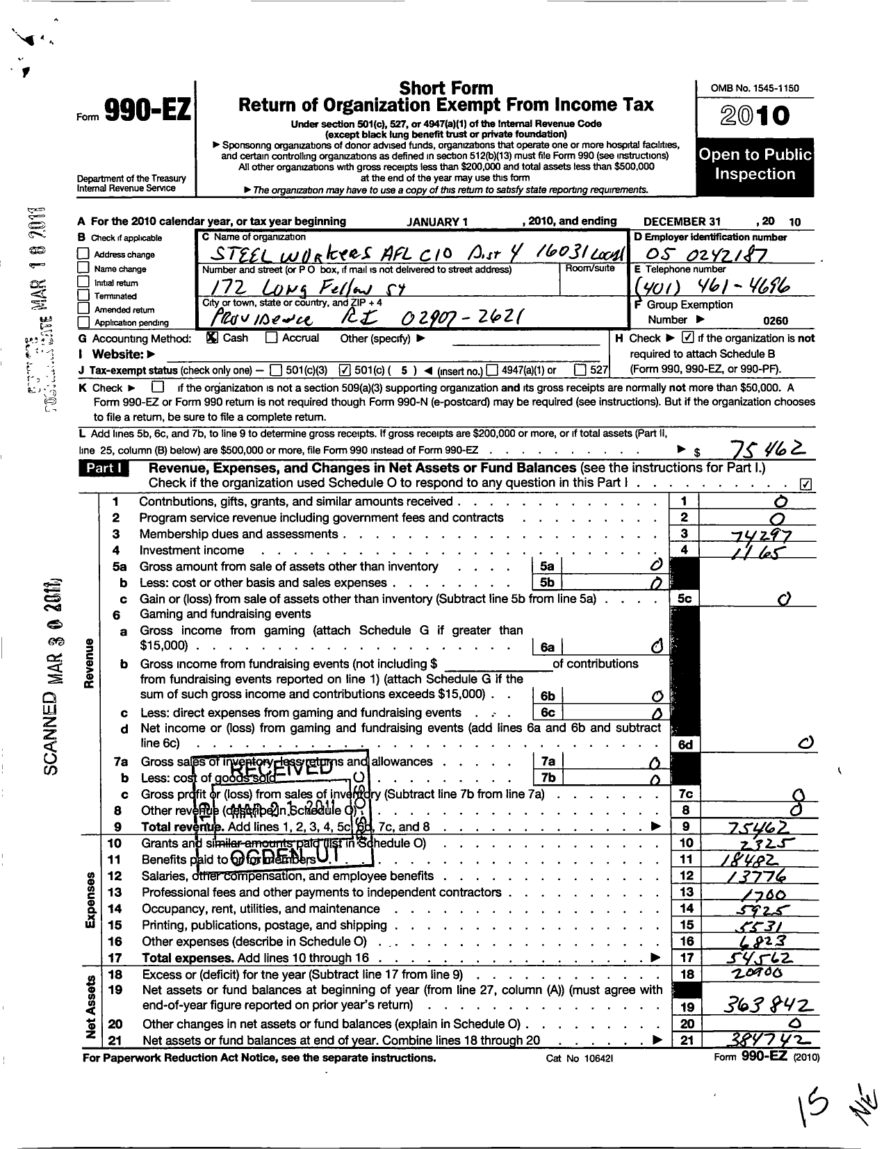 Image of first page of 2010 Form 990EO for United Steelworkers - 16031 Local District 4