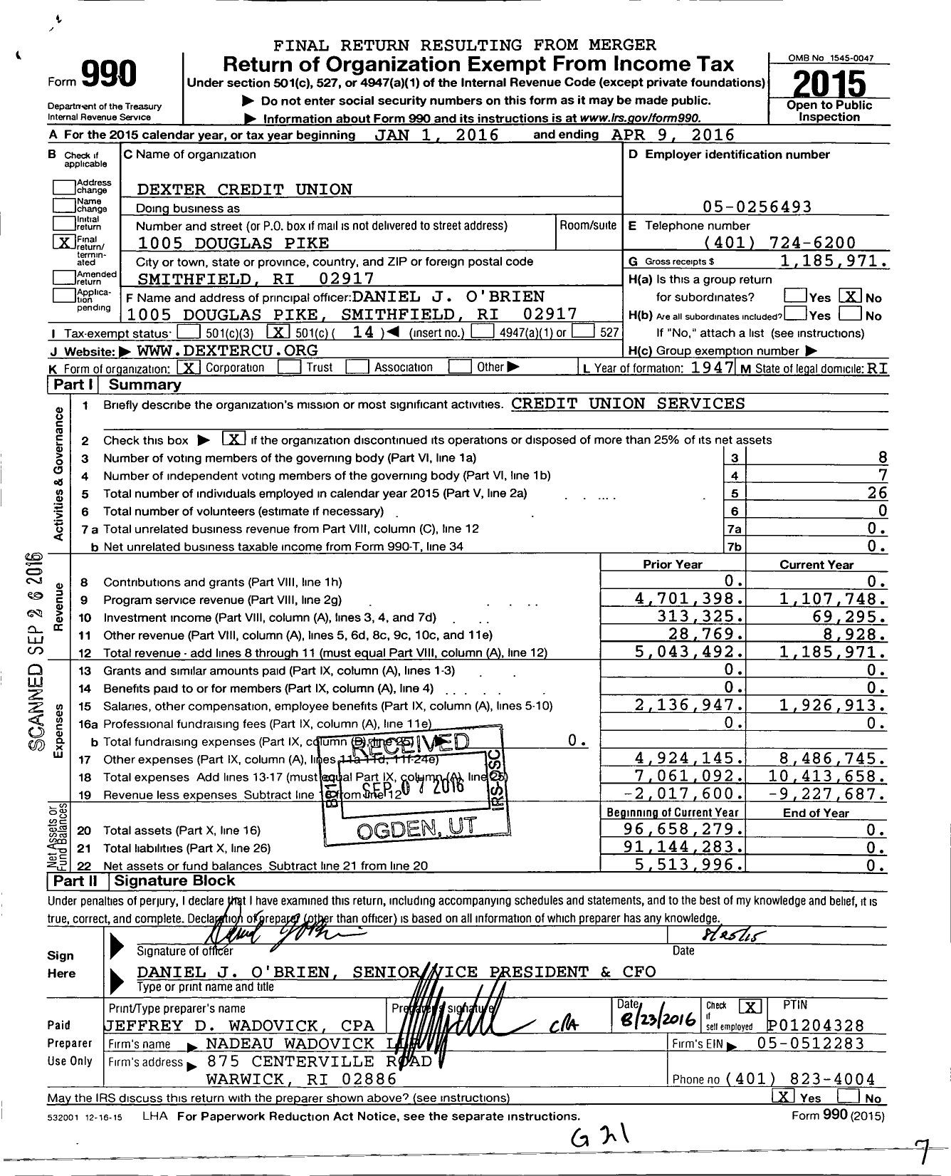 Image of first page of 2015 Form 990O for Dexter Credit Union