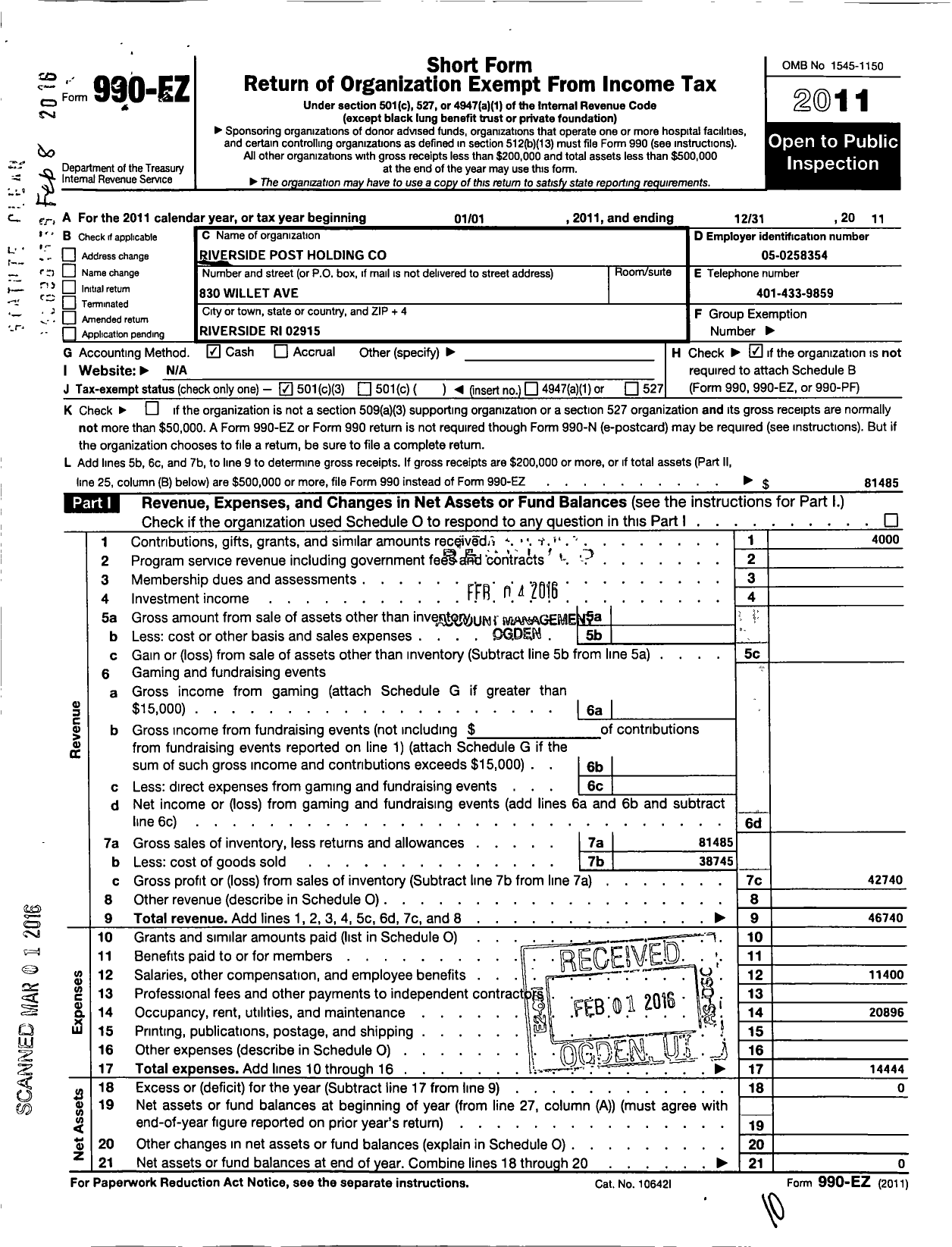 Image of first page of 2011 Form 990EZ for Riverside Post Holding