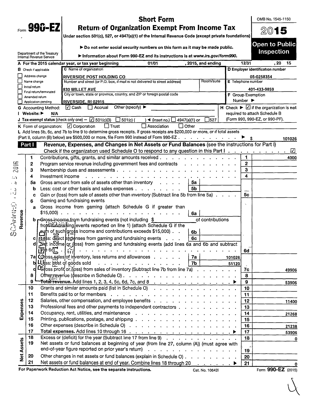 Image of first page of 2015 Form 990EZ for Riverside Post Holding