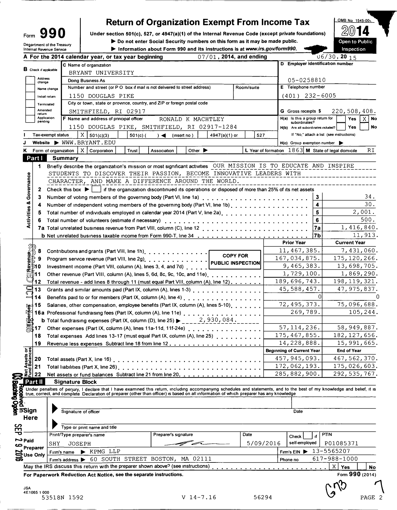 Image of first page of 2014 Form 990 for Bryant University
