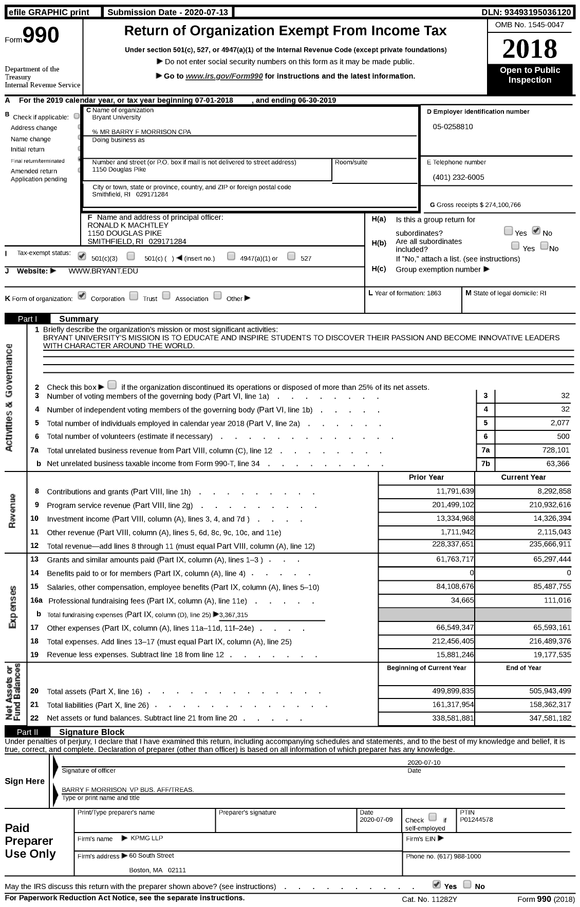 Image of first page of 2018 Form 990 for Bryant University