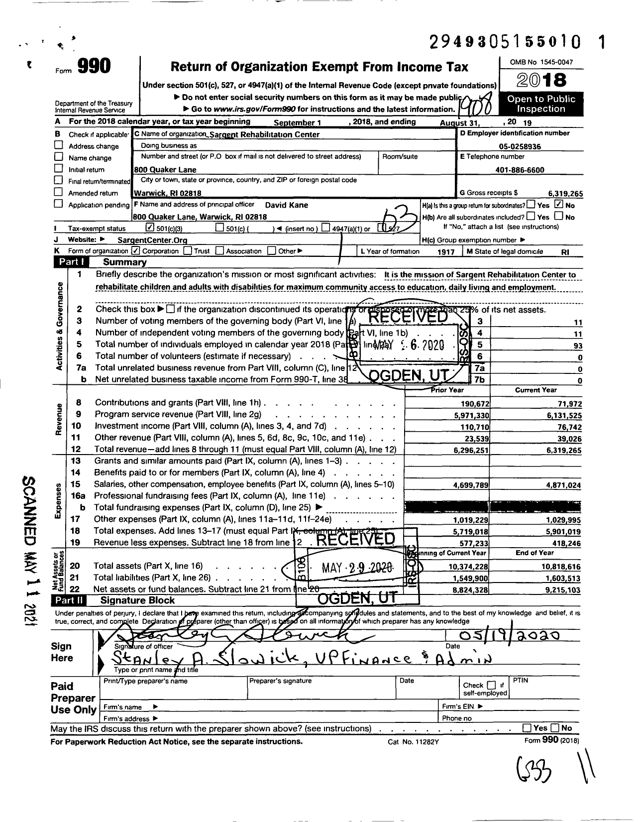 Image of first page of 2018 Form 990 for Sargent Rehabilitation Center