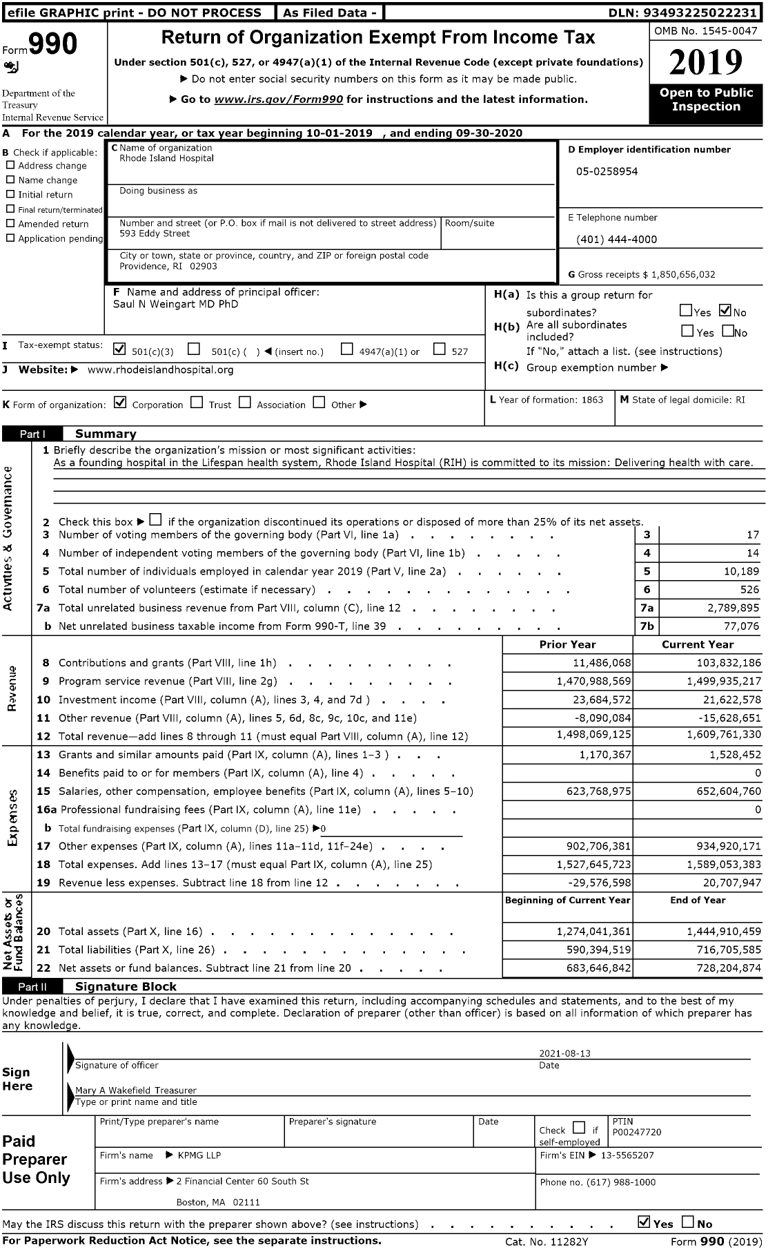 Image of first page of 2019 Form 990 for Rhode Island Hospital