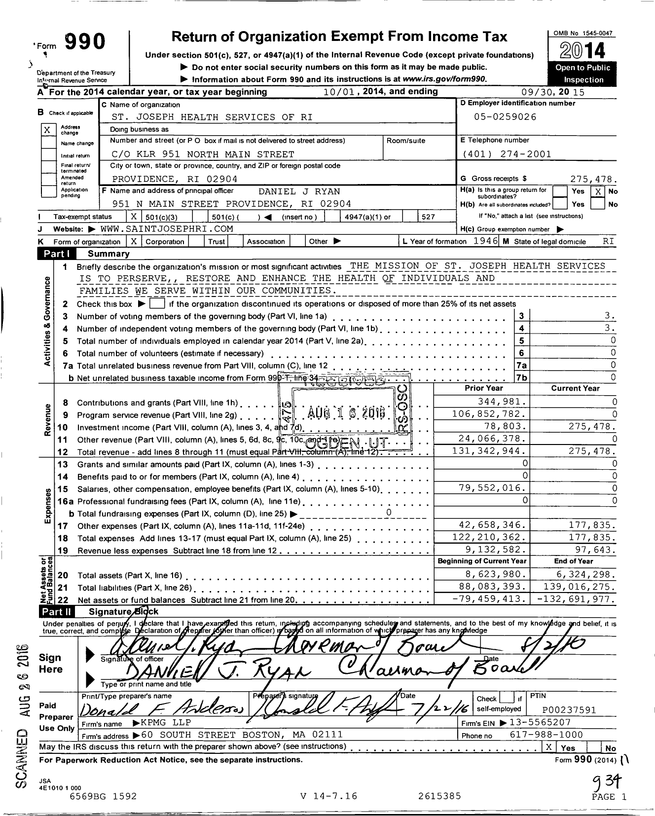 Image of first page of 2014 Form 990 for St Joseph Health Services of Rhode Island