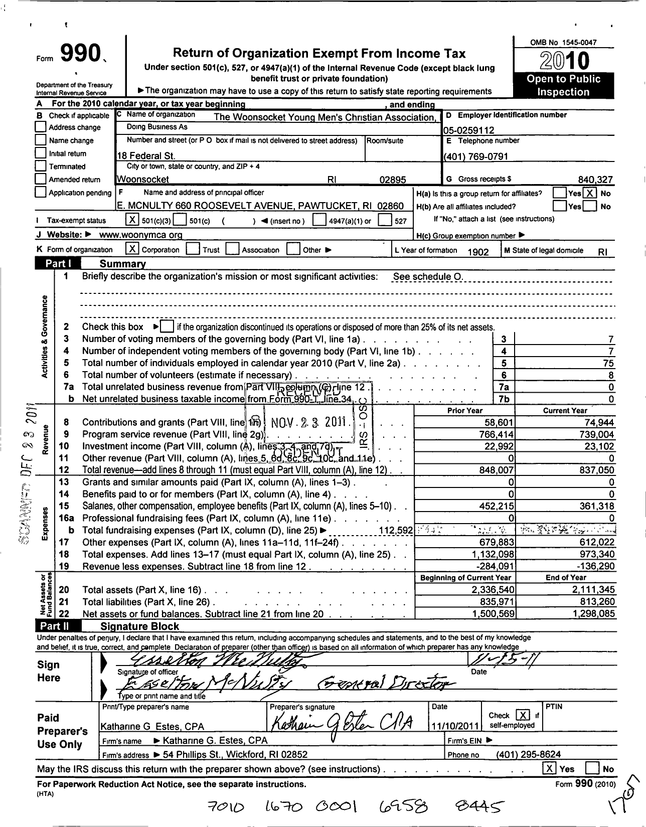 Image of first page of 2010 Form 990 for Woonsocket Young Mens Christian Association