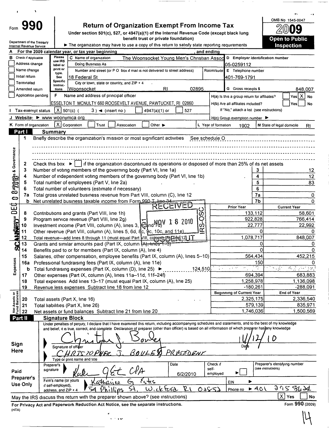 Image of first page of 2009 Form 990 for Woonsocket Young Mens Christian Association