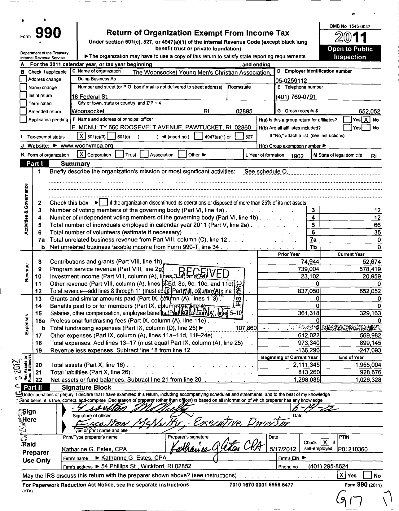 Image of first page of 2011 Form 990 for Woonsocket Young Mens Christian Association