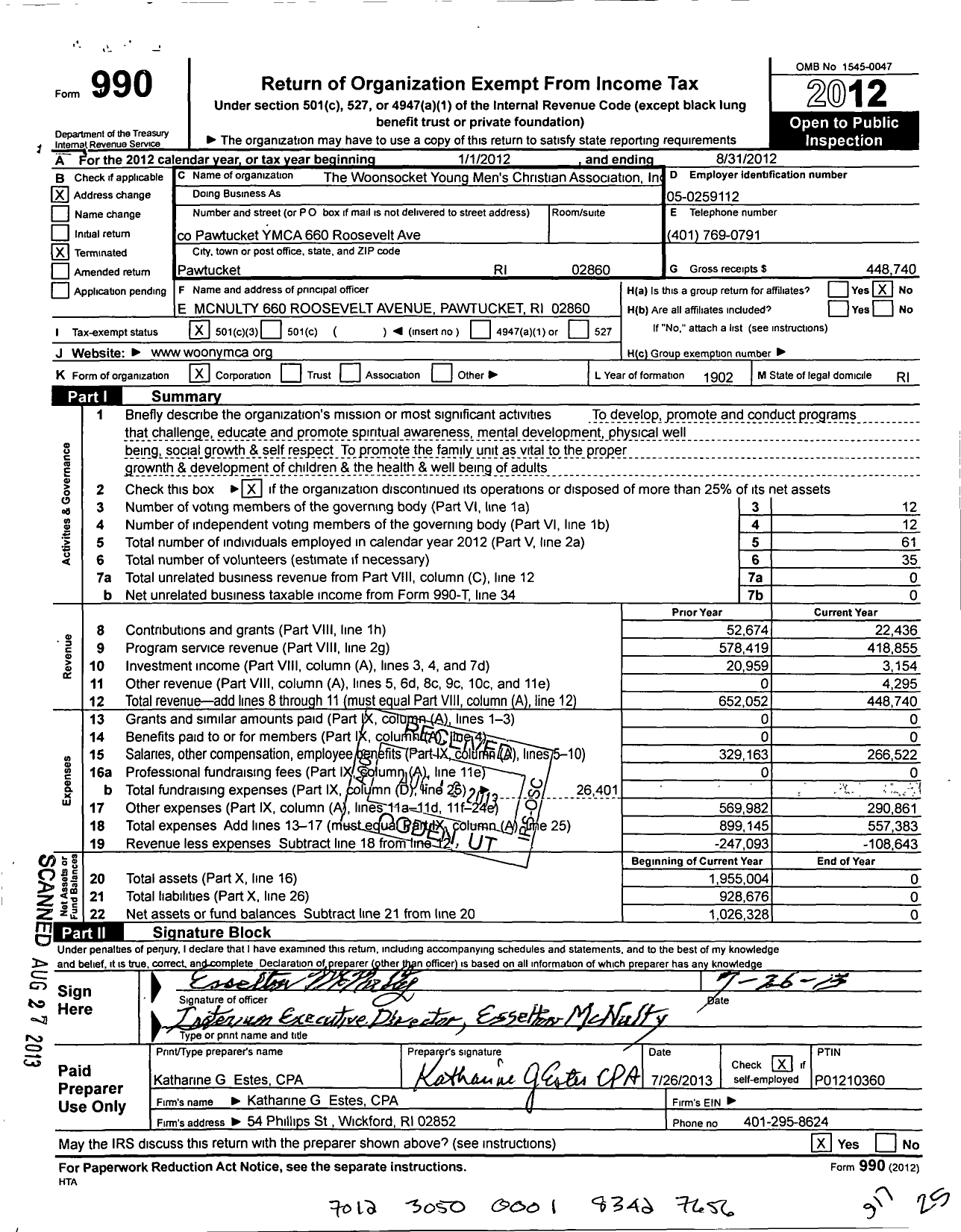 Image of first page of 2011 Form 990 for Woonsocket Young Mens Christian Association