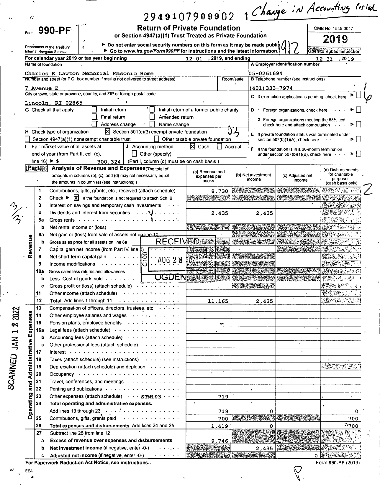 Image of first page of 2019 Form 990PF for Charles E Lawton Memorial Masonic Home