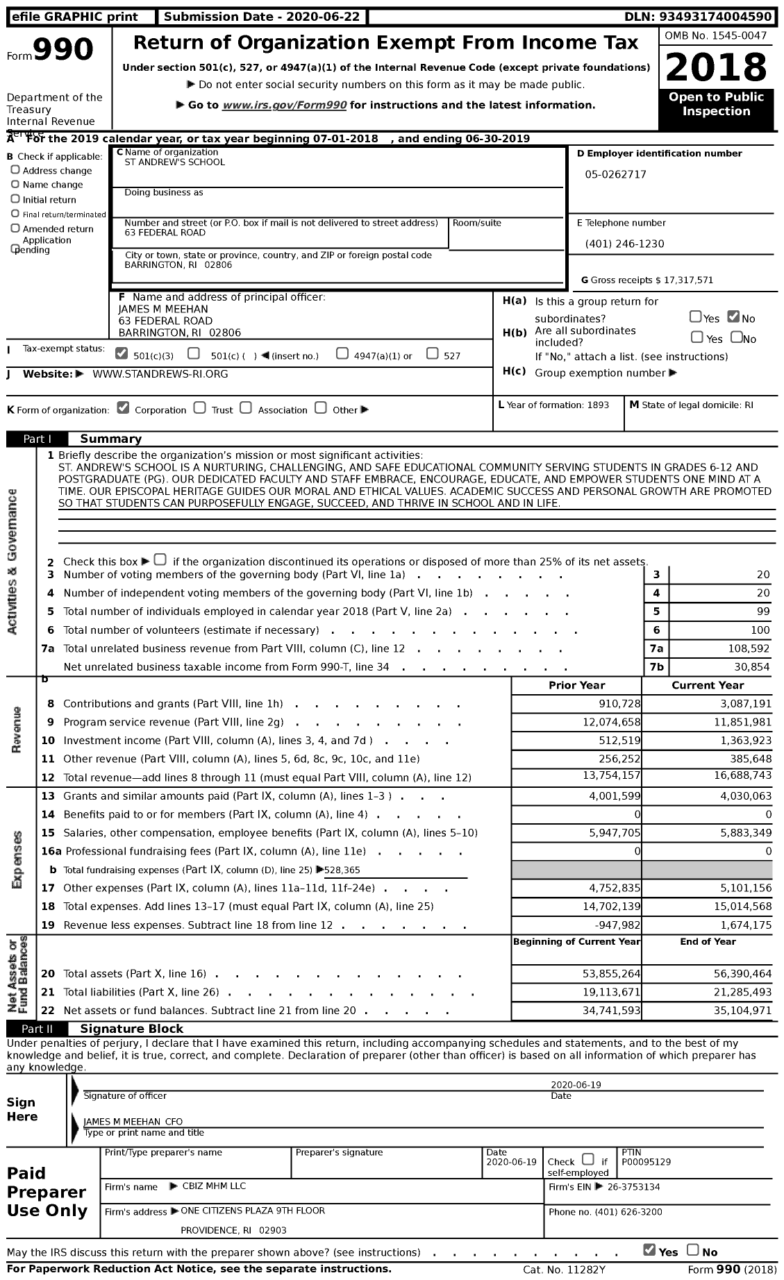 Image of first page of 2018 Form 990 for St Andrew's School