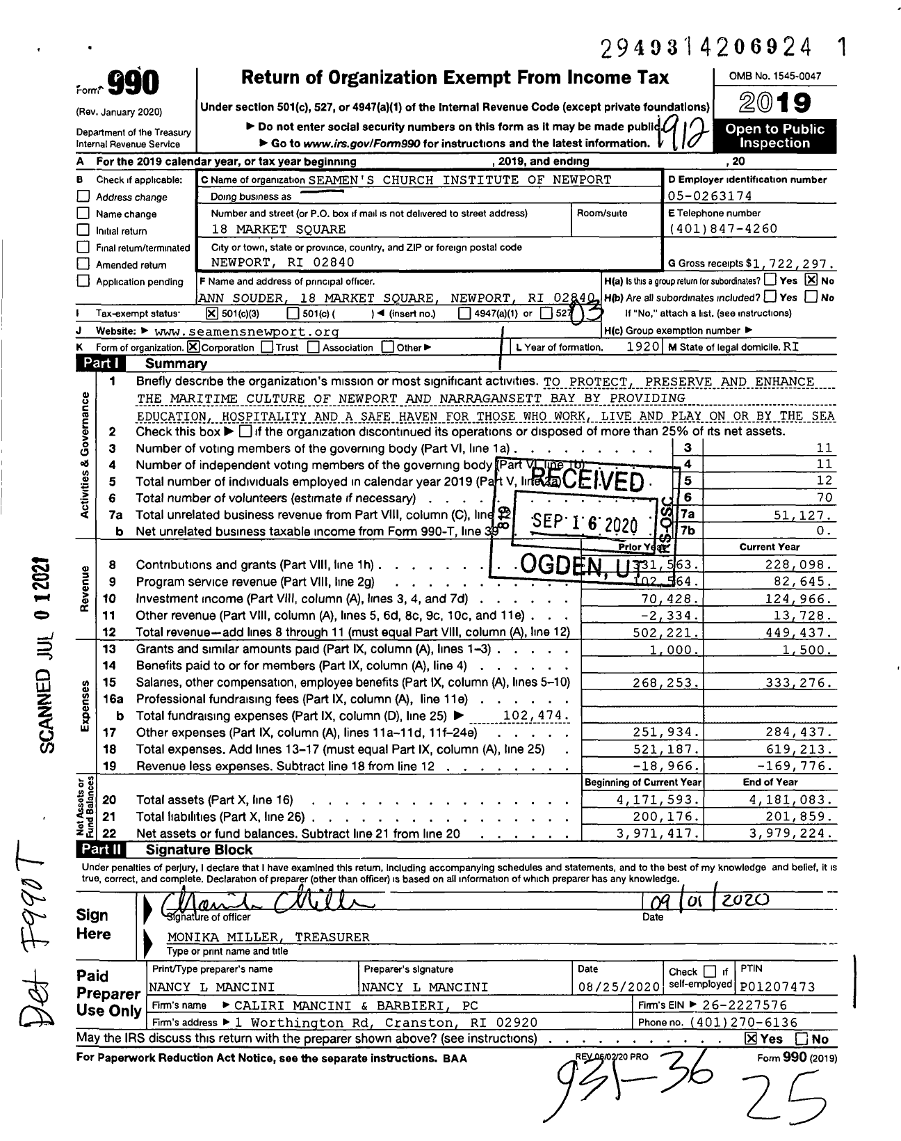 Image of first page of 2019 Form 990 for Seamen's Church Institute of Newport