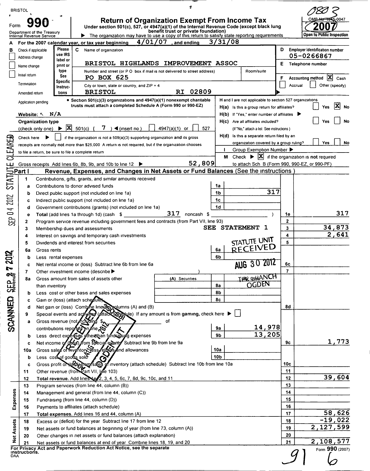 Image of first page of 2007 Form 990O for Bristol Highlands Improvement Association