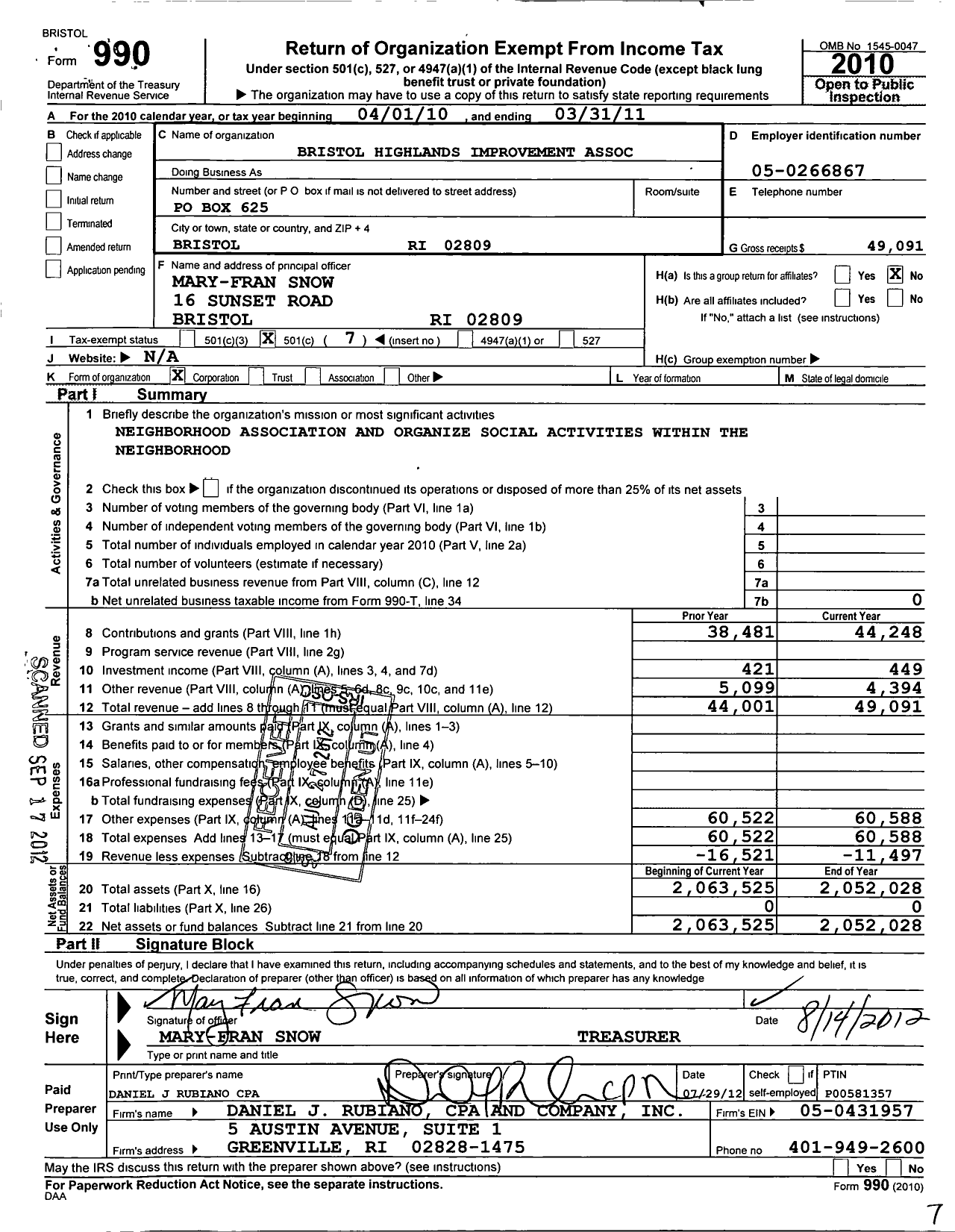 Image of first page of 2010 Form 990O for Bristol Highlands Improvement Association