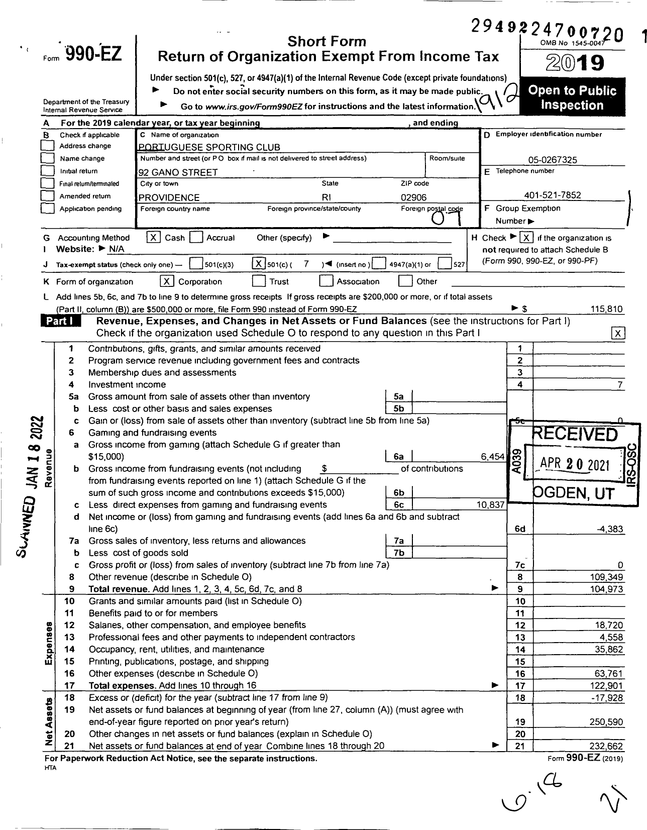 Image of first page of 2019 Form 990EO for Portuguese Sporting Club