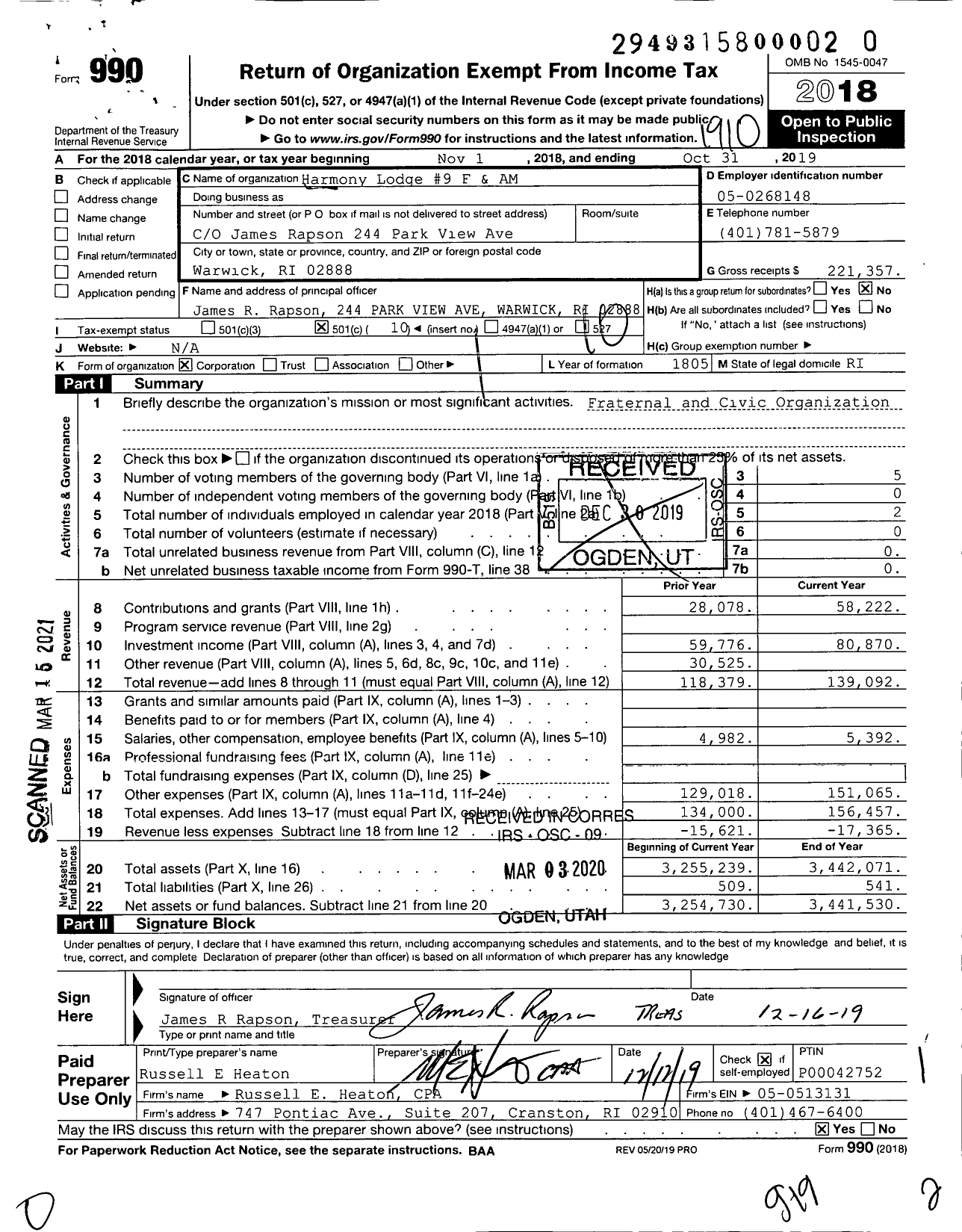 Image of first page of 2018 Form 990O for Harmony Lodge No 9 Free and Accepted Masons - Harmony Lodge 9 F and A M