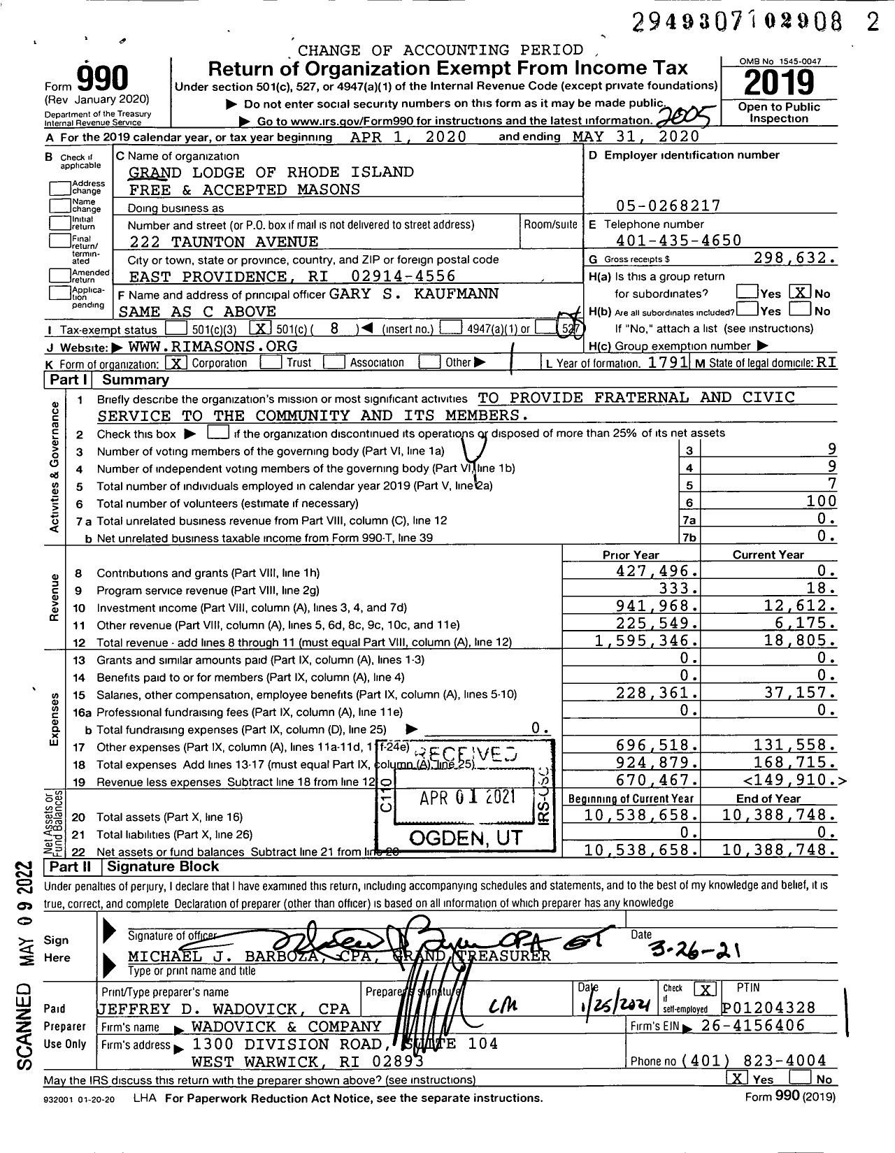 Image of first page of 2019 Form 990O for Grand Lodge of Rhode Island Free and Accepted Masons