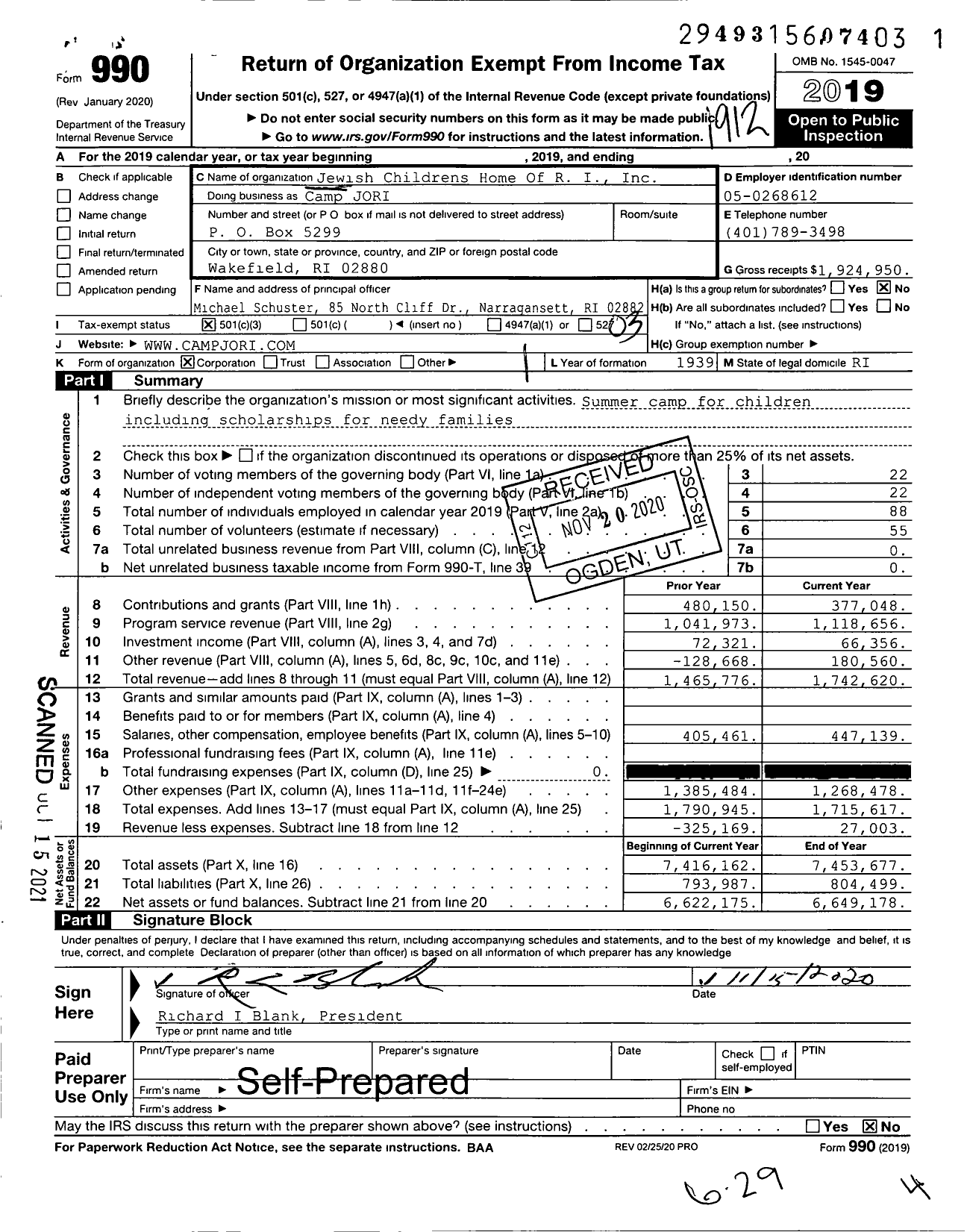 Image of first page of 2019 Form 990 for Camp Jori