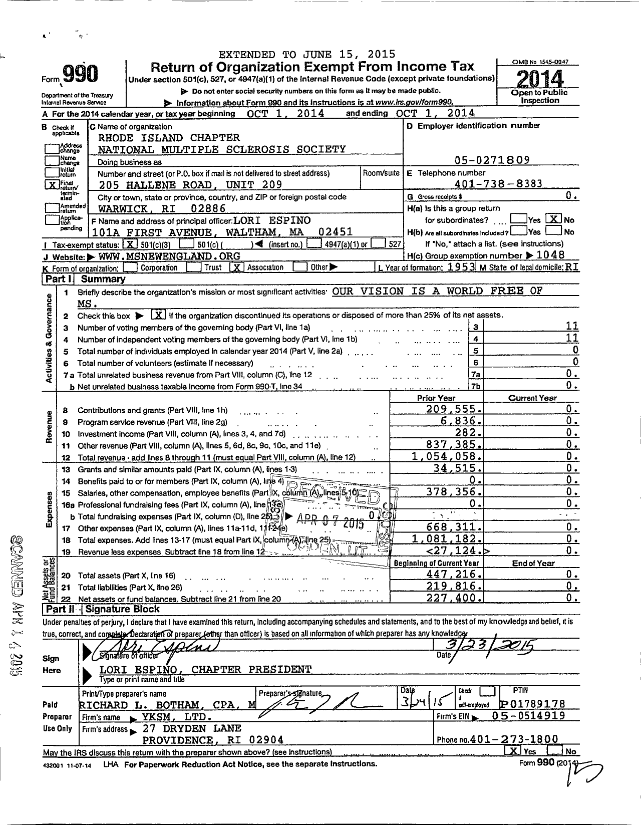 Image of first page of 2013 Form 990 for Rhode Island Chapter National Multiple Sclerosis Society