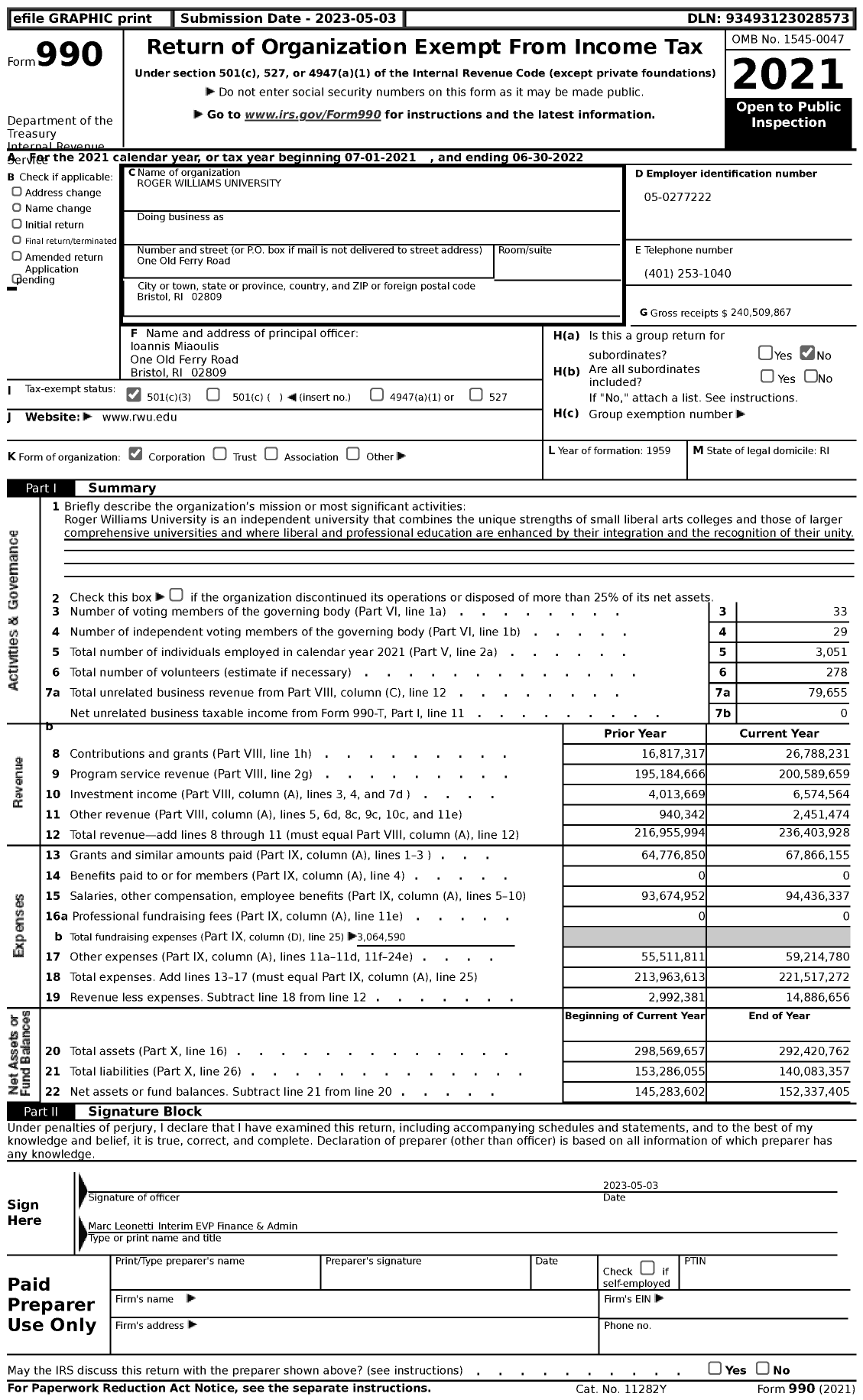 Image of first page of 2021 Form 990 for Roger Williams University (RWU)