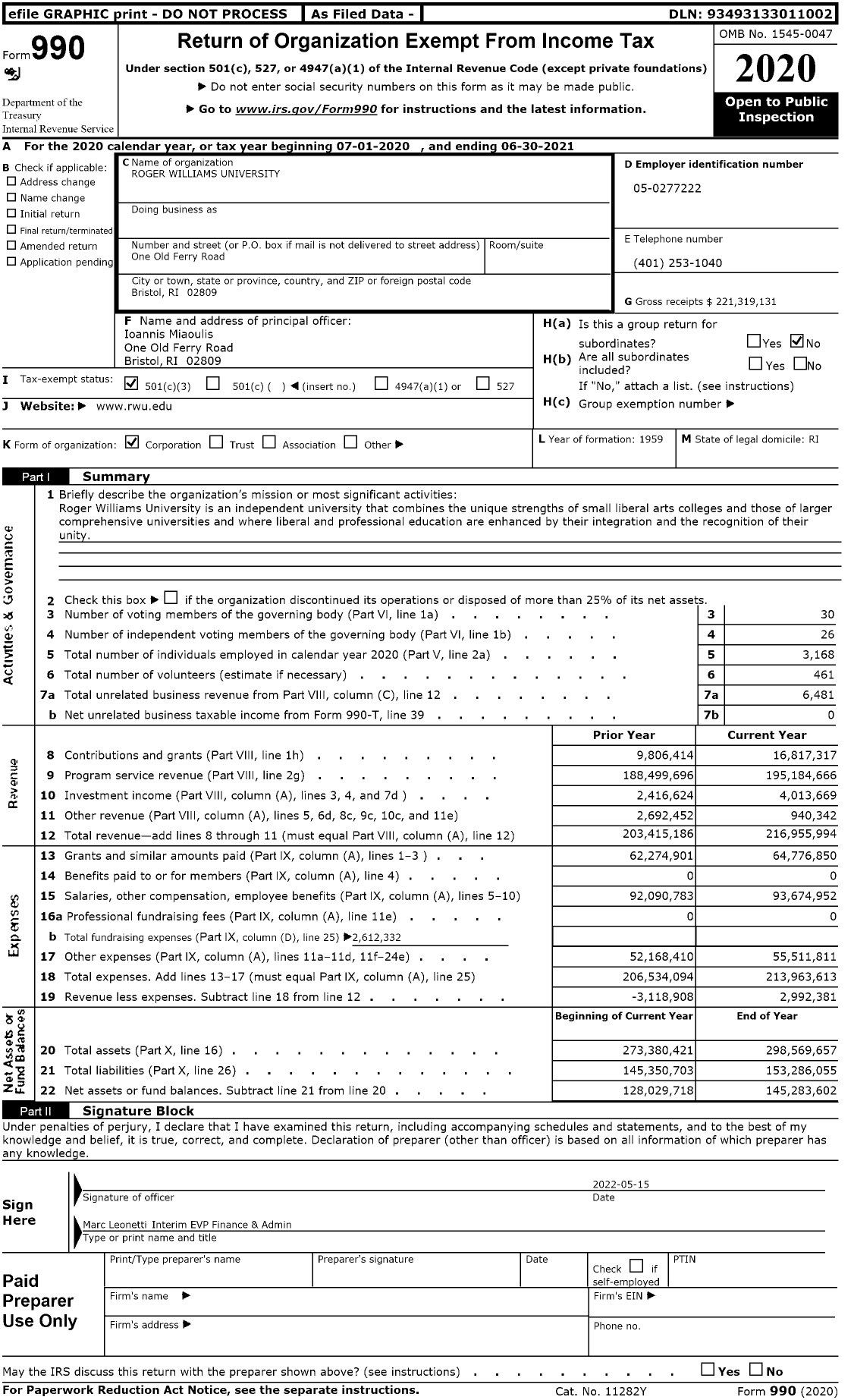 Image of first page of 2020 Form 990 for Roger Williams University (RWU)