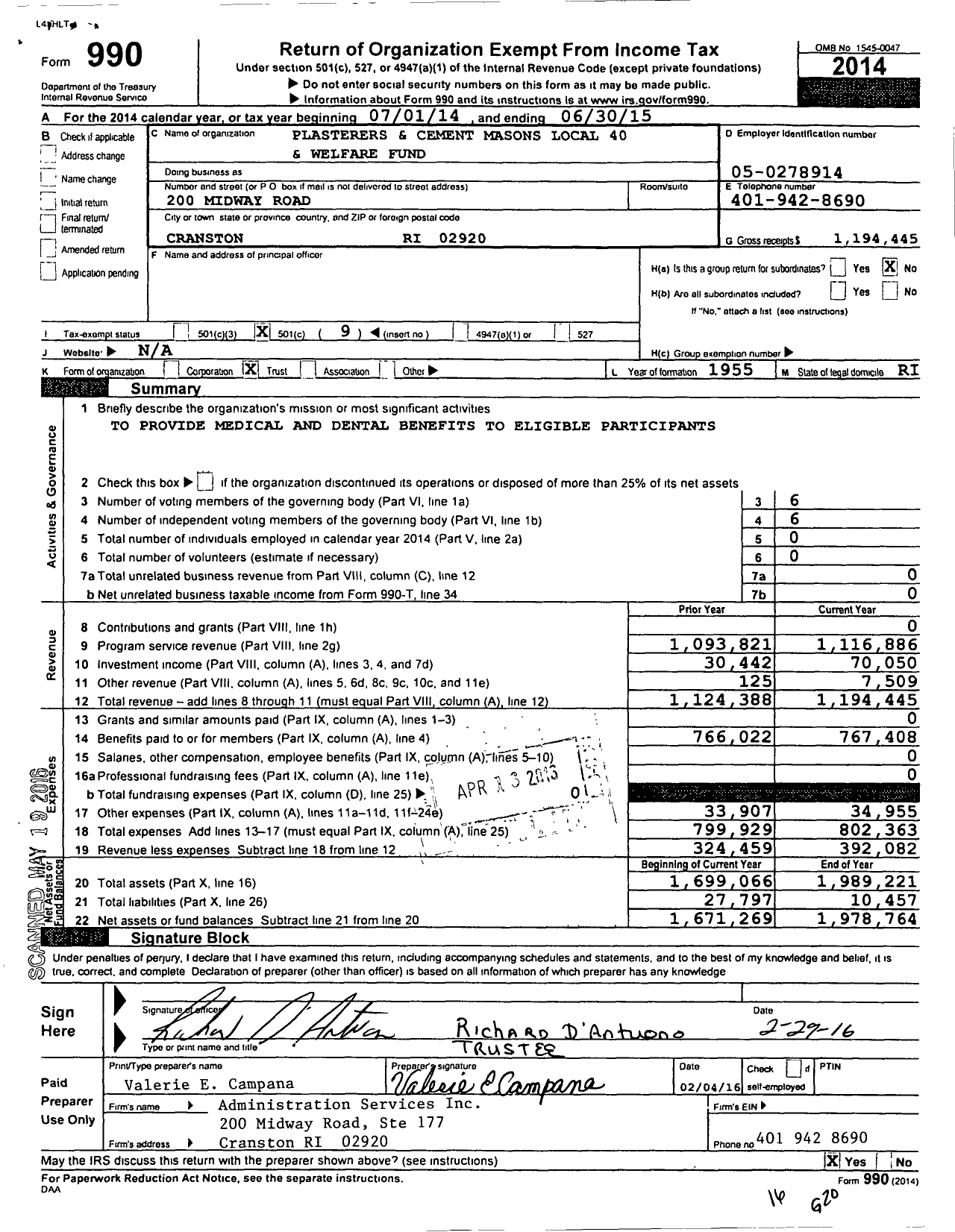 Image of first page of 2014 Form 990O for Plasterers and Cement Masons Local 40 Health and Welfare Fund