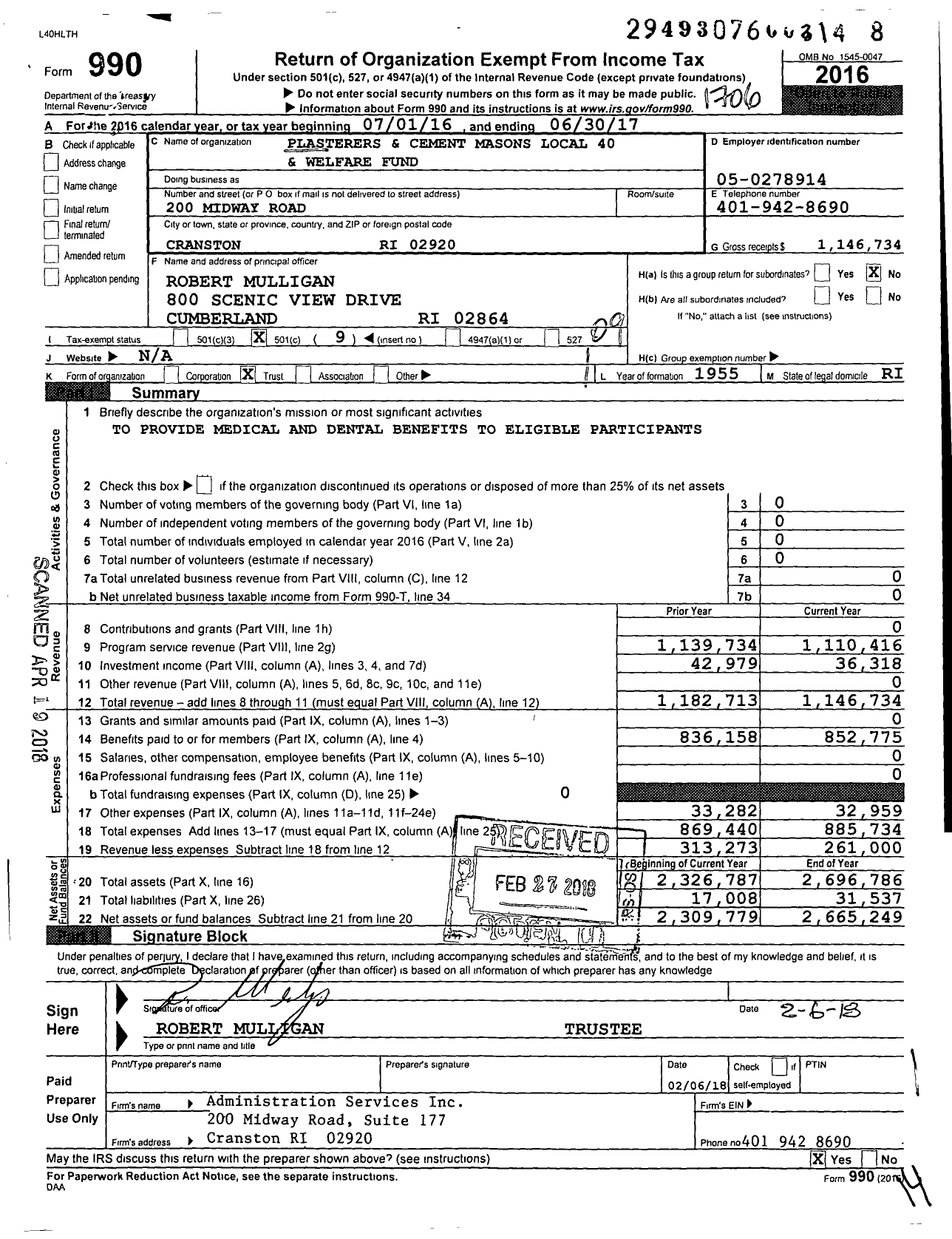 Image of first page of 2016 Form 990O for Plasterers and Cement Masons Local 40 Health and Welfare Fund