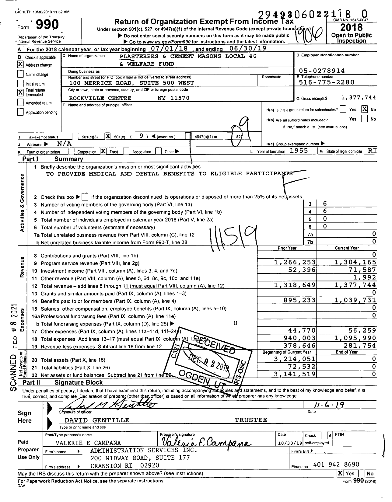 Image of first page of 2018 Form 990O for Plasterers and Cement Masons Local 40 Health and Welfare Fund