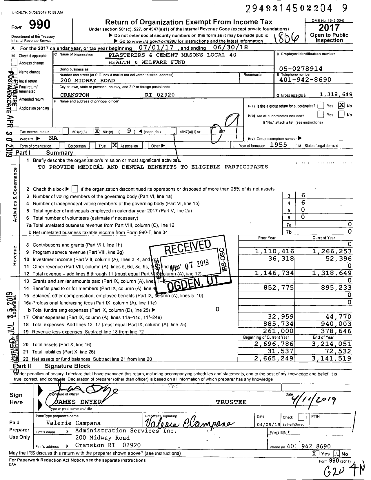 Image of first page of 2017 Form 990O for Plasterers and Cement Masons Local 40 Health and Welfare Fund