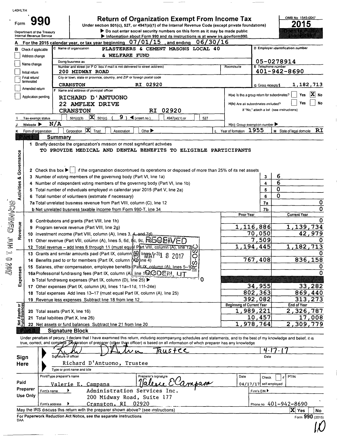 Image of first page of 2015 Form 990O for Plasterers and Cement Masons Local 40 Health and Welfare Fund